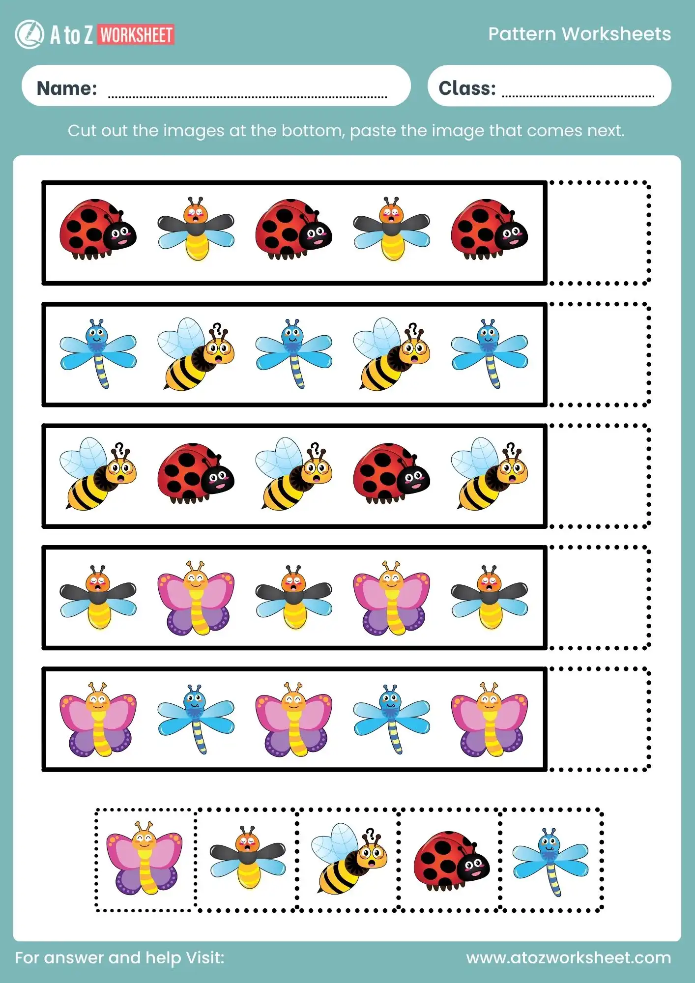 pattern worksheet for class 2 with insects cut and paste activity