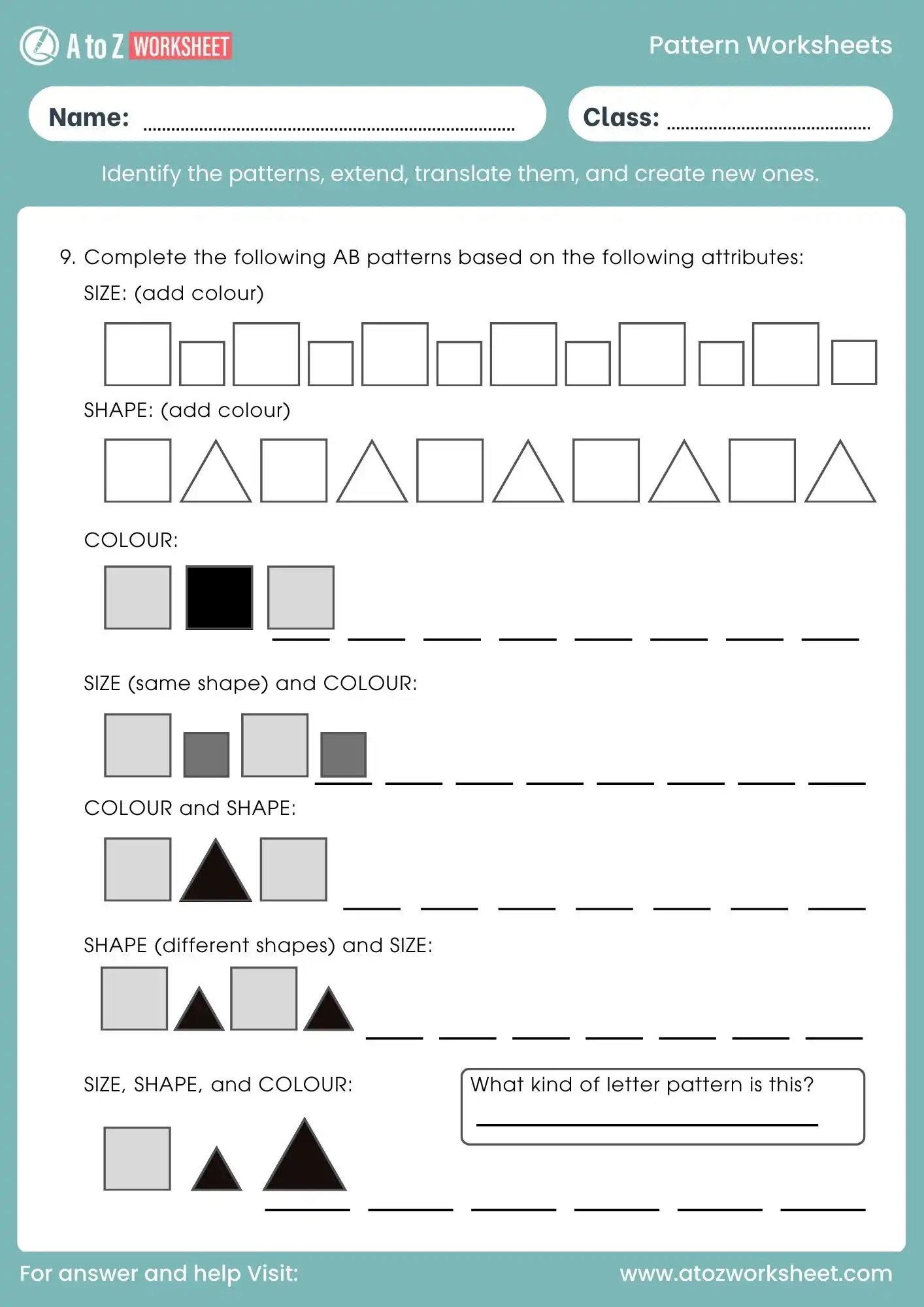 pattern worksheet for class 2 using shapes and colors
