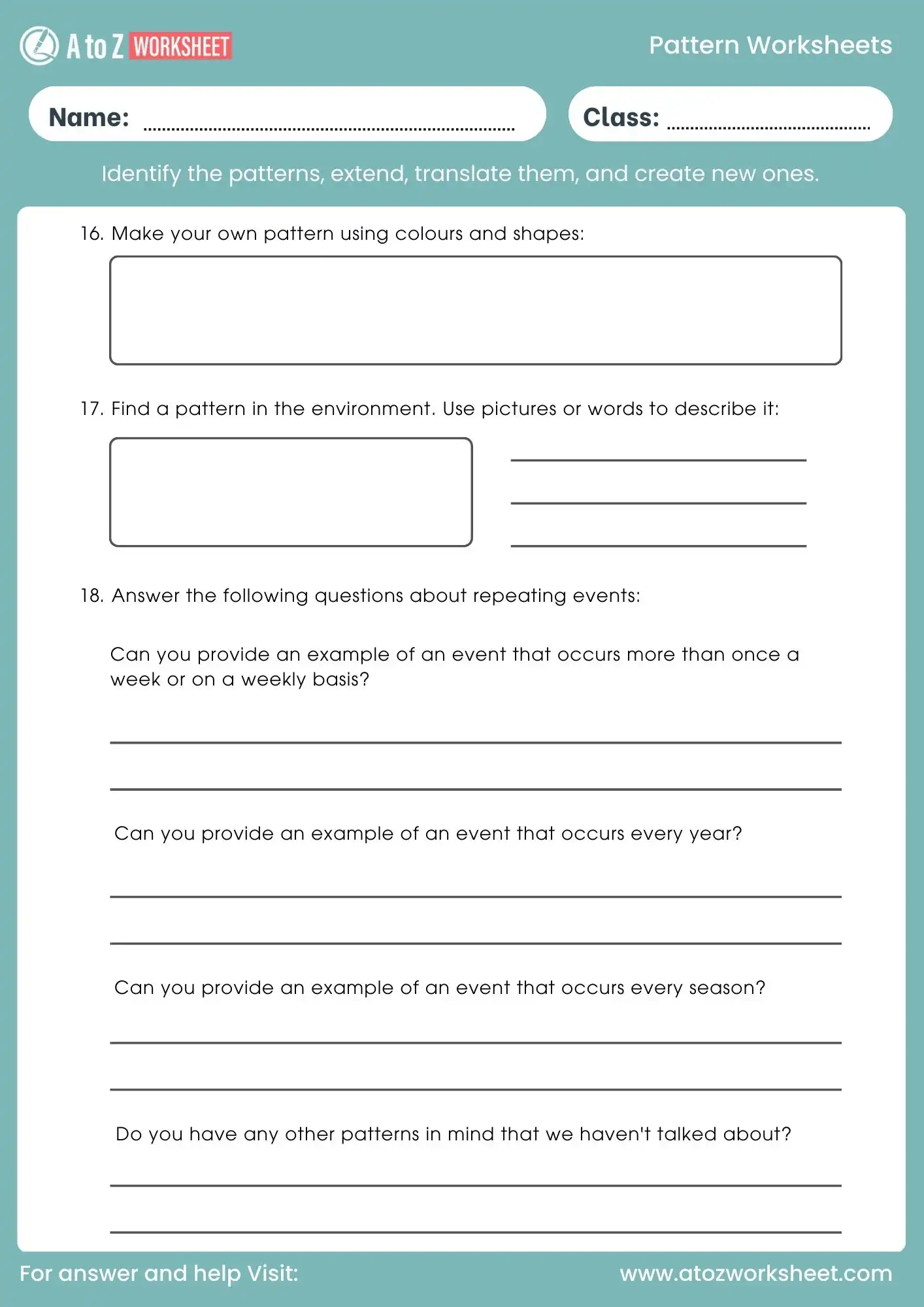 pattern worksheet for class 2 with create your own activity