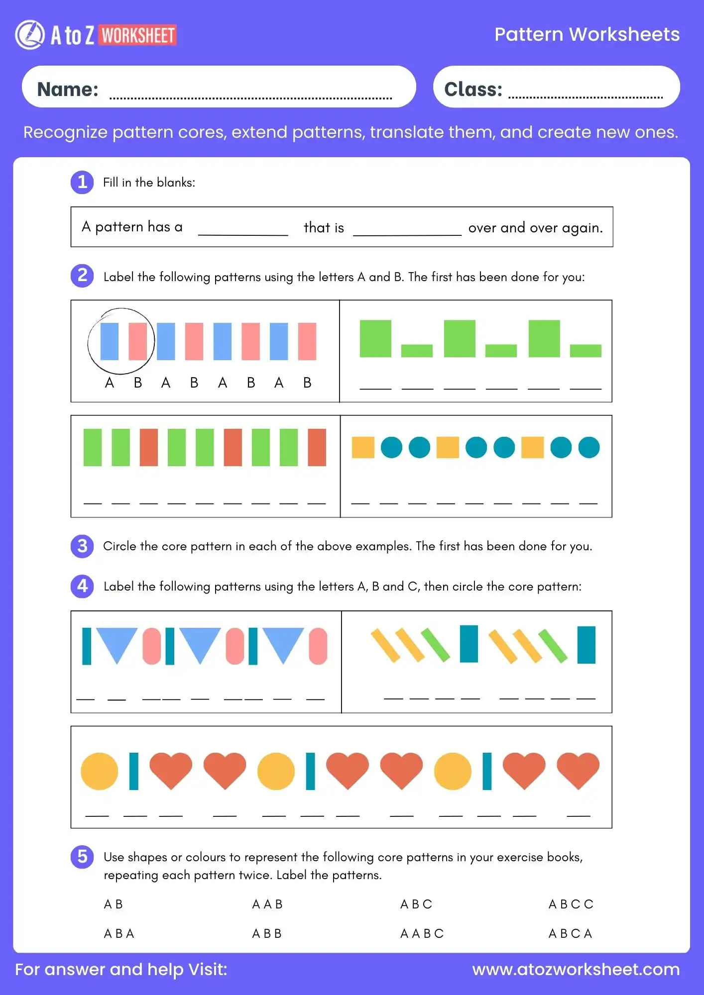 pattern worksheet for class 3 maths shapes and colours