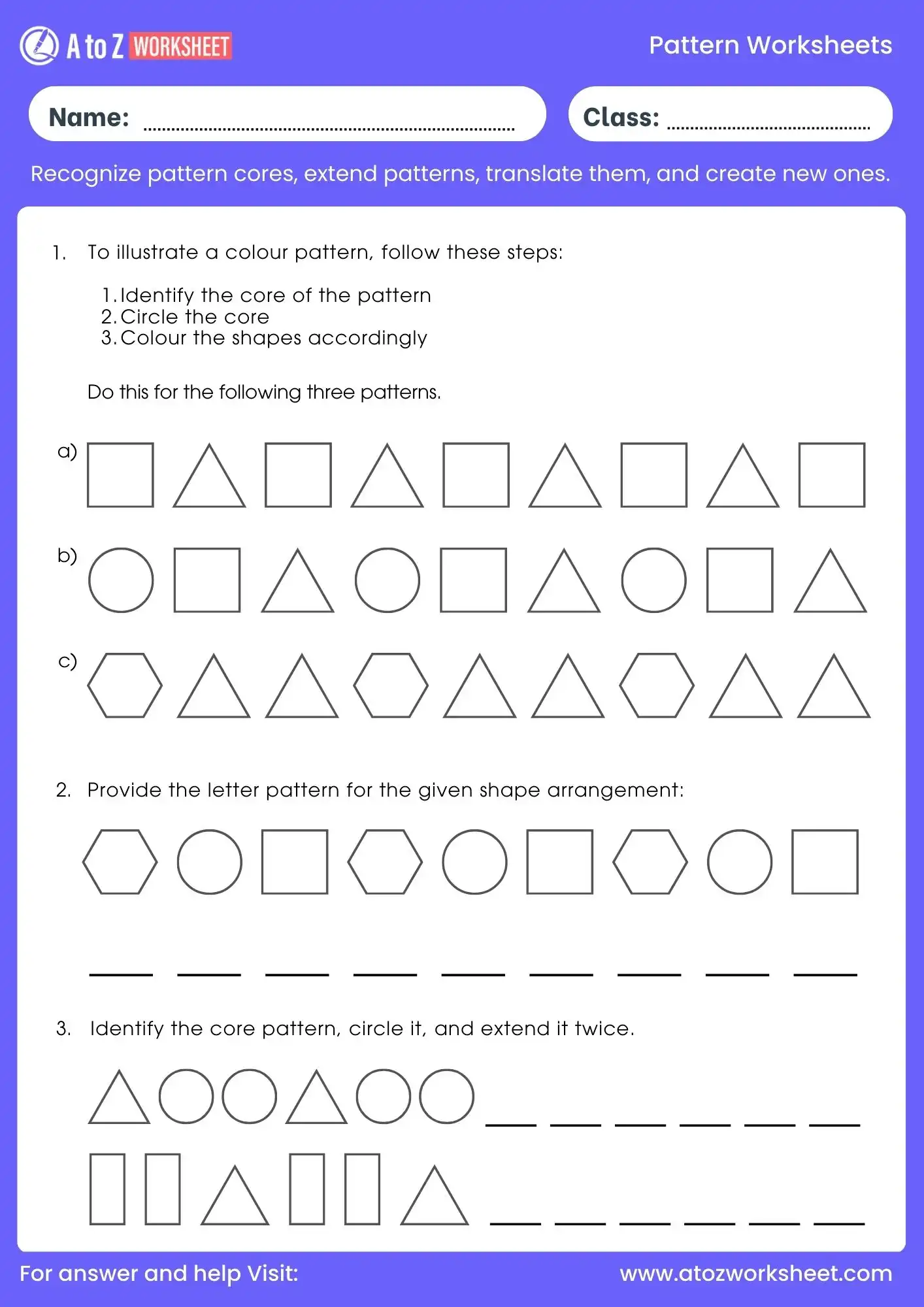 pattern worksheet for class 3 identify and extend patterns