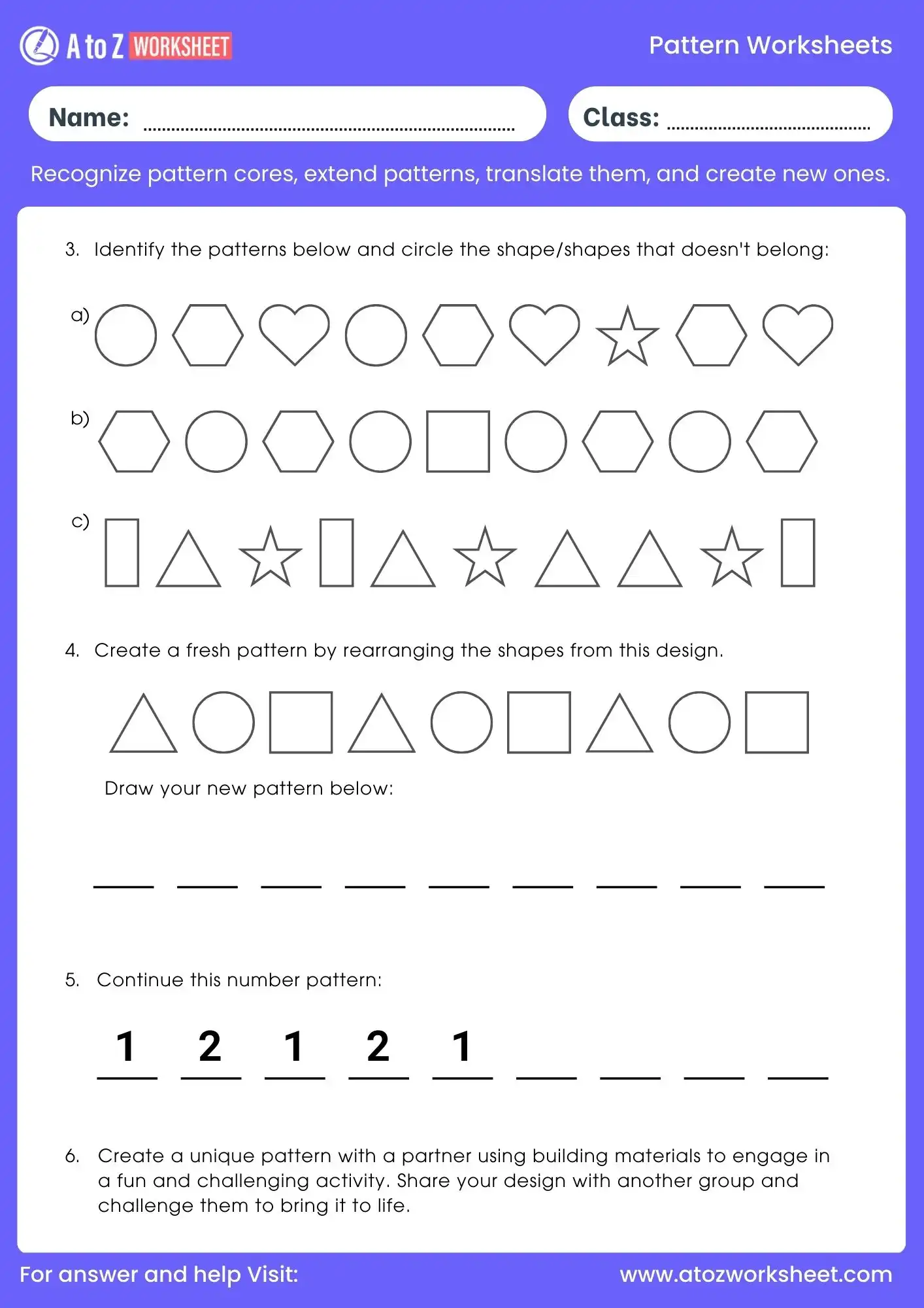pattern worksheet for class 3 with missing shapes activity