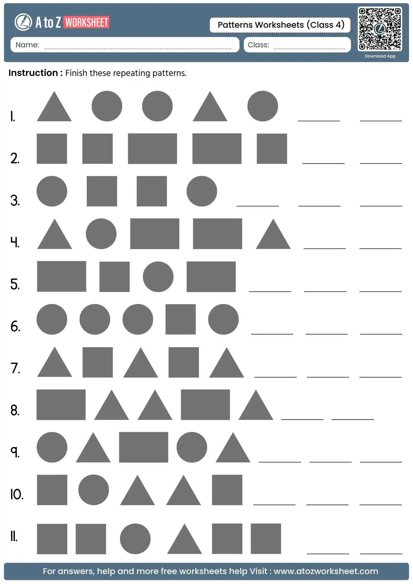 repeating geometric shape sequences in patterns worksheets for class 4.