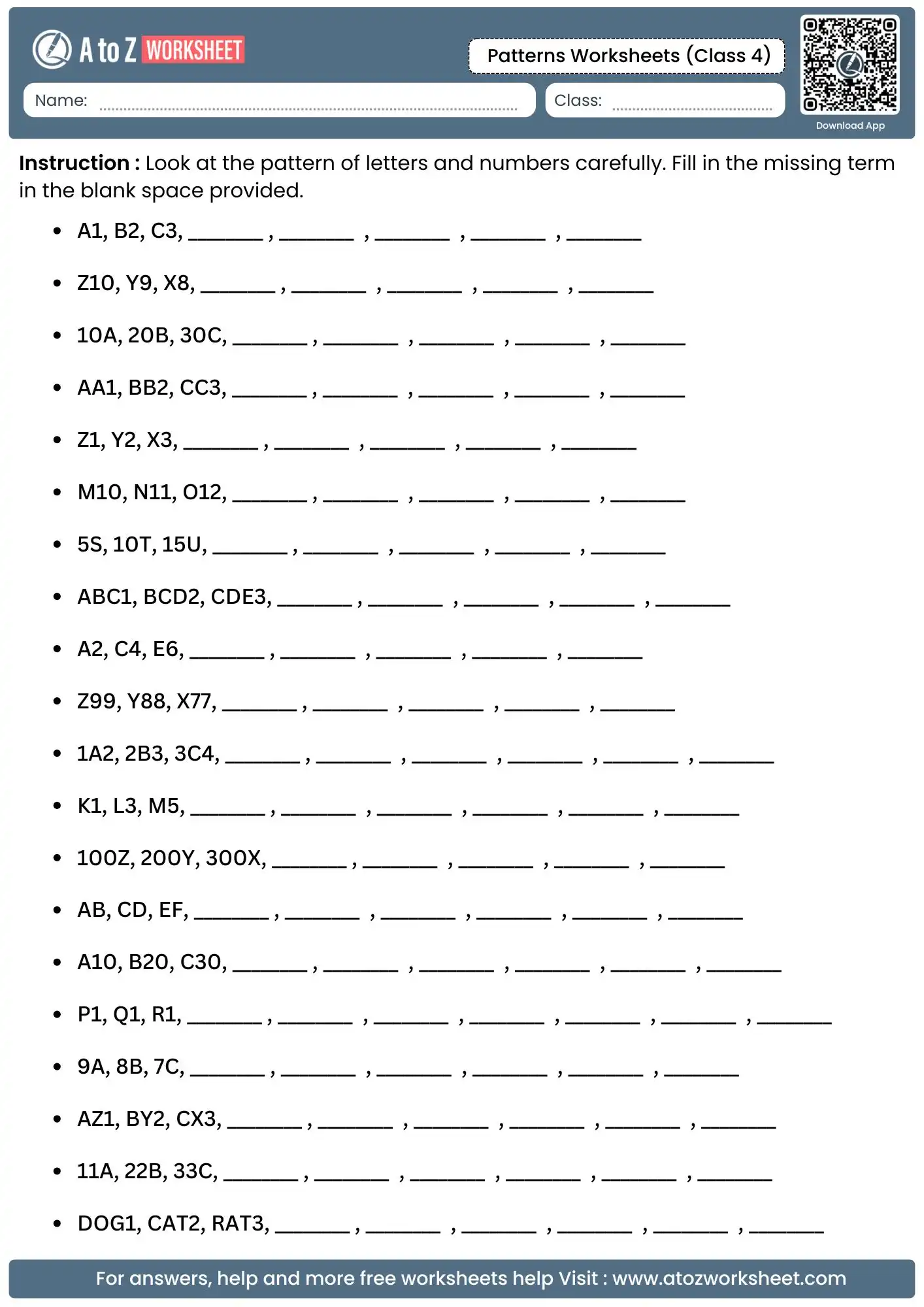 alphanumeric sequences and missing term identification in patterns worksheets for class 4.