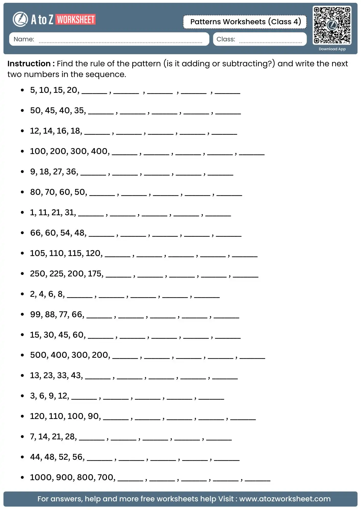 increasing and decreasing number sequences in patterns worksheets for class 4.