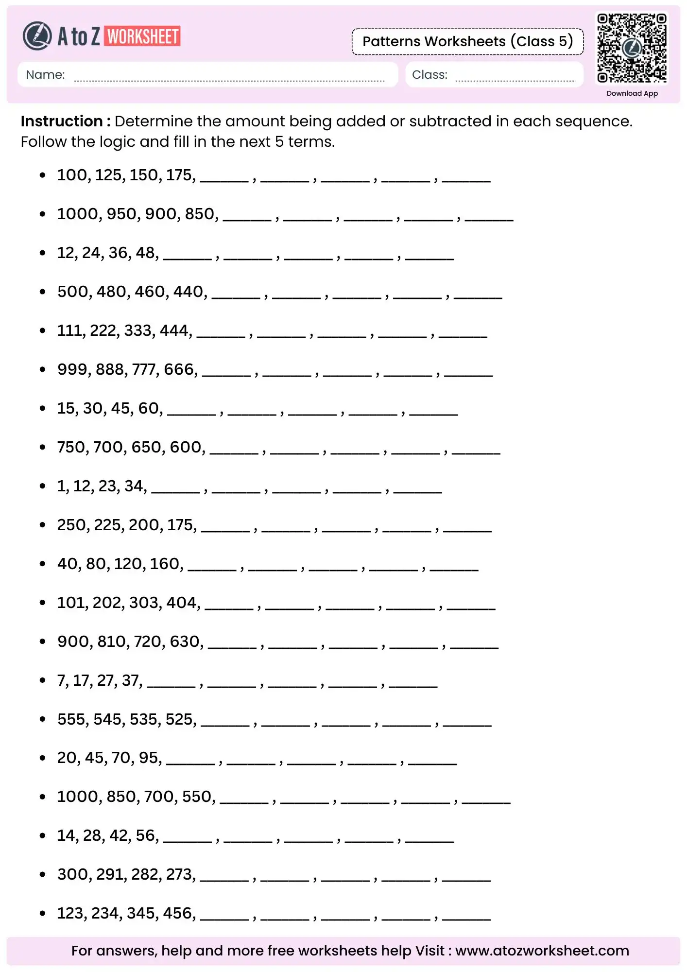 arithmetic sequences involving addition and subtraction in patterns worksheets for class 5.