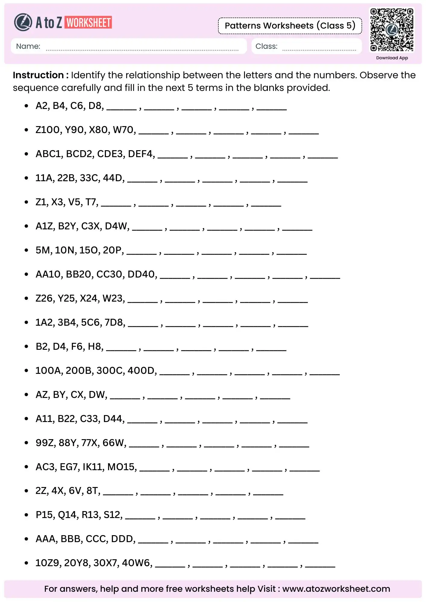 alphanumeric sequences and combined logic puzzles in pattern worksheets for class 5.