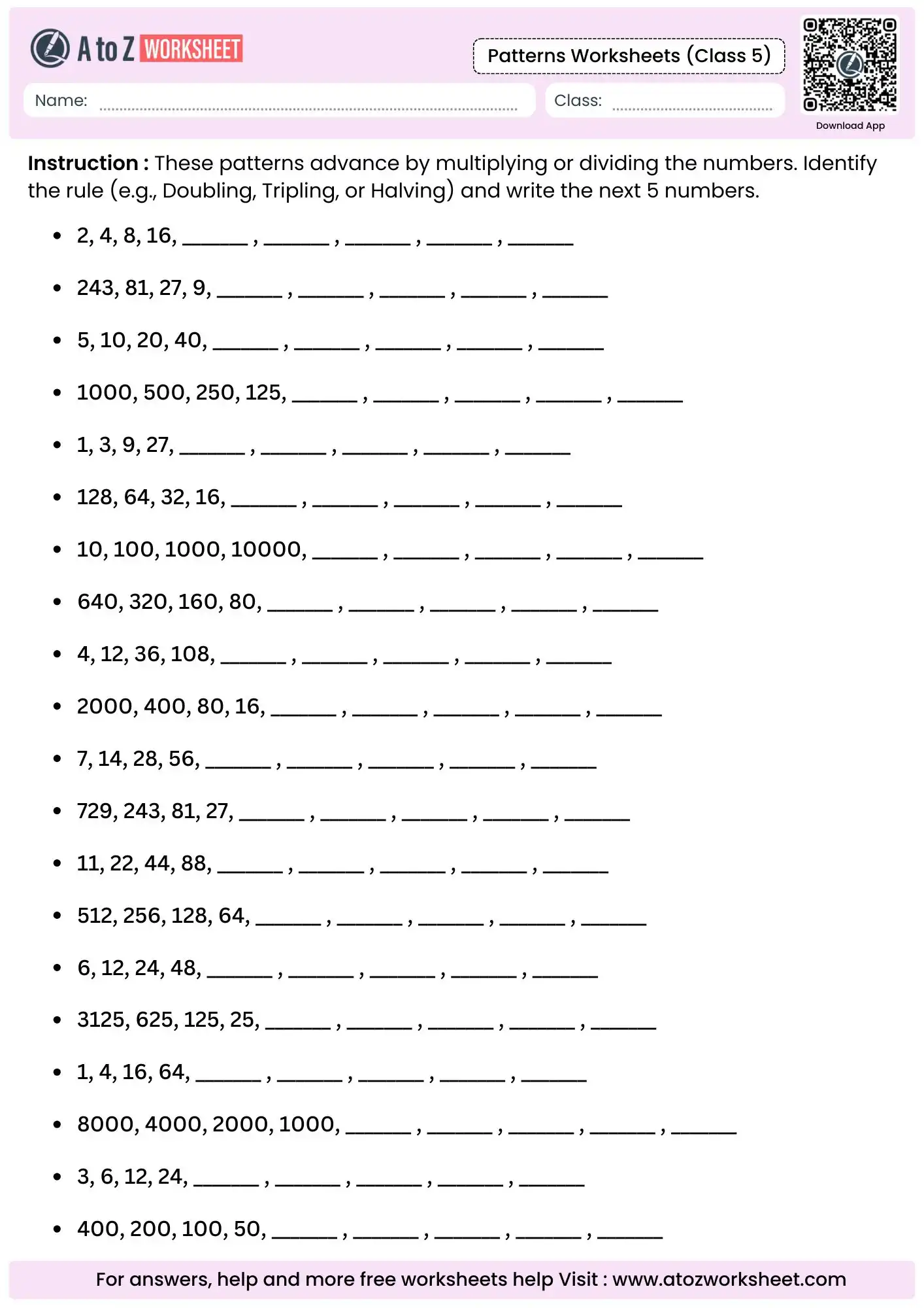 geometric sequences involving multiplication and division in pattern worksheets for class 5.