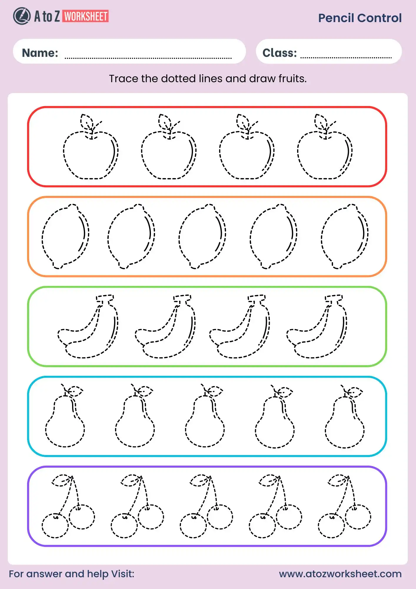 pencil control worksheet with fruits tracing