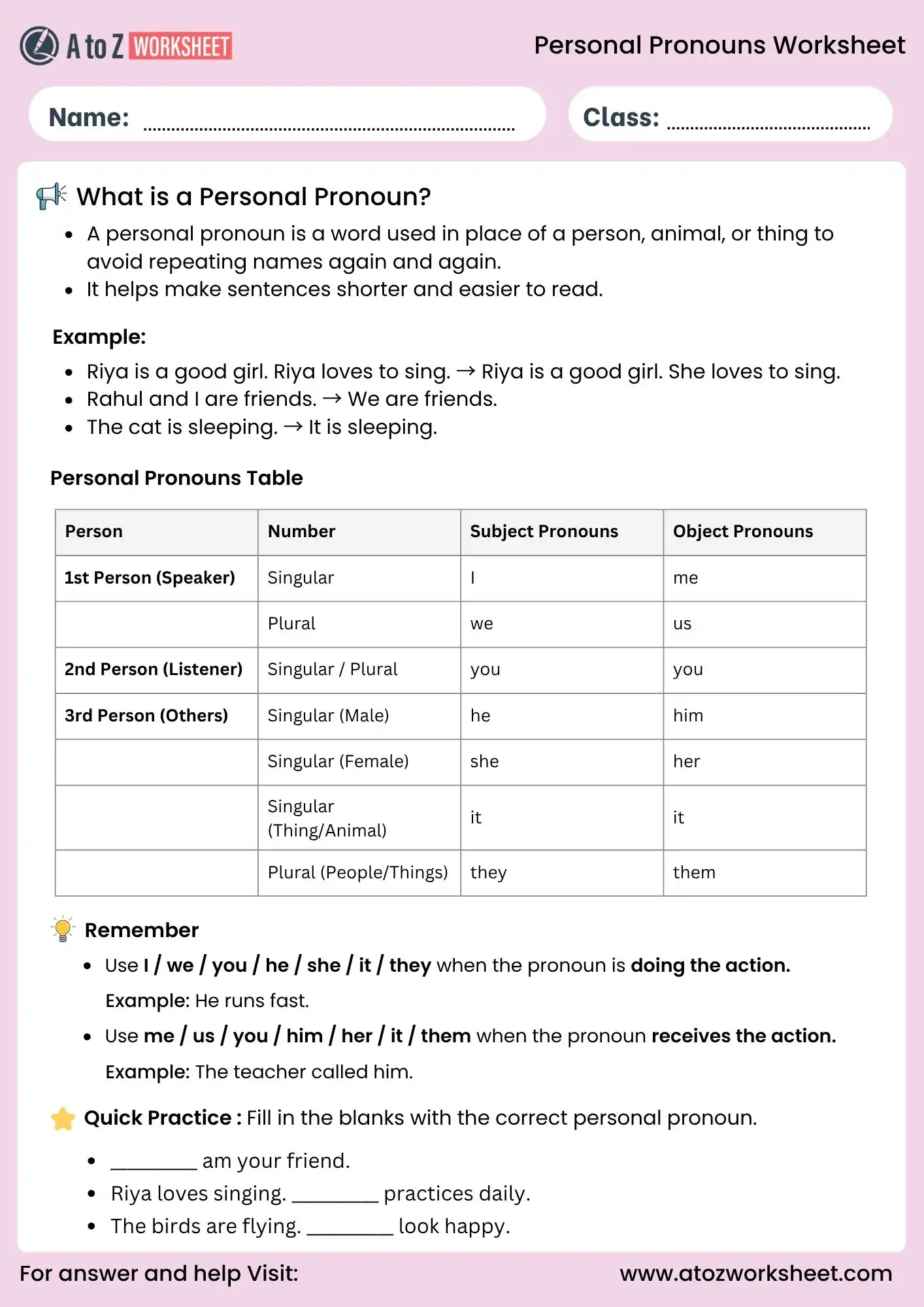 personal pronouns worksheets grammar chart for kids