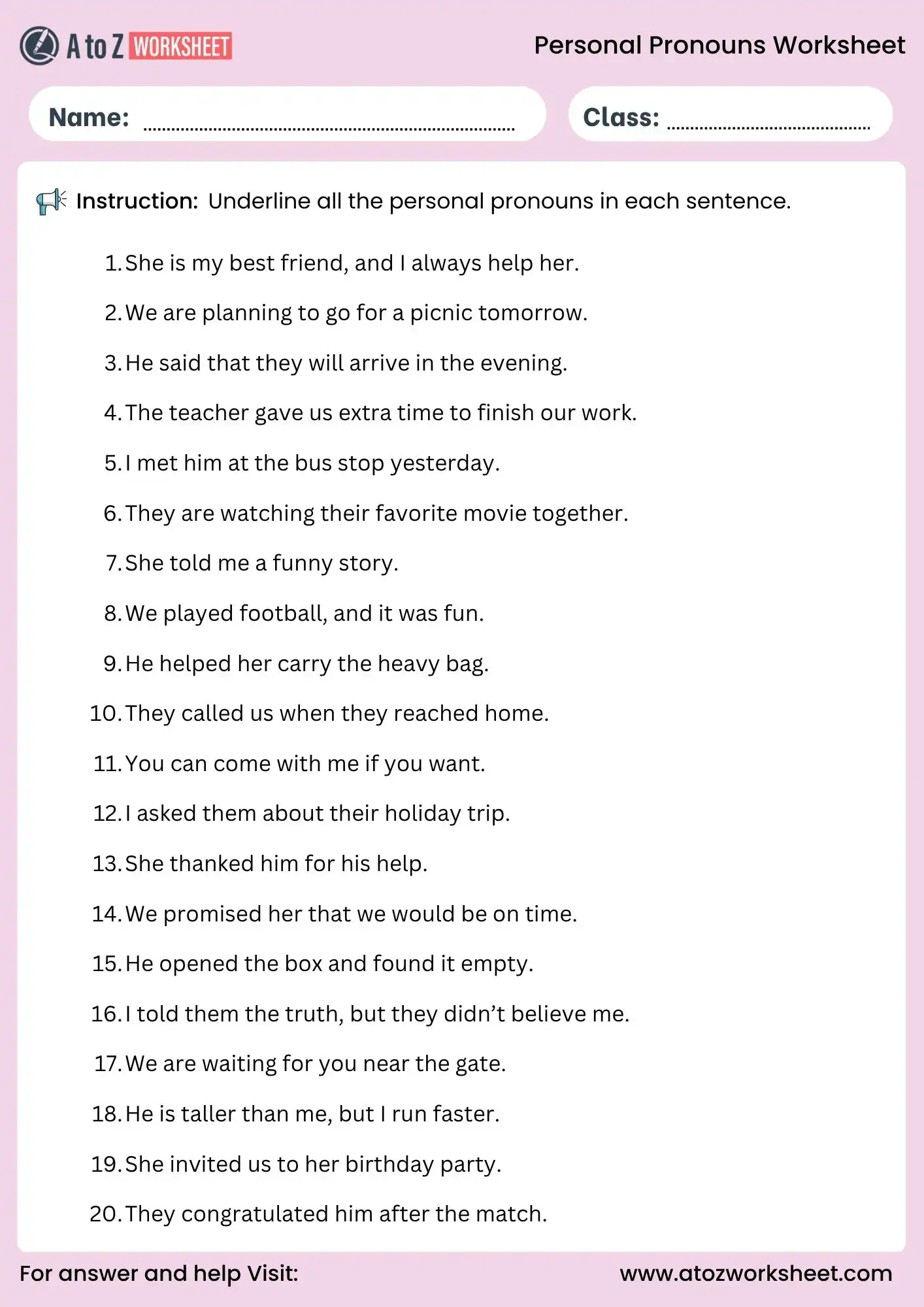 personal pronouns worksheets underline grammar activity for kids