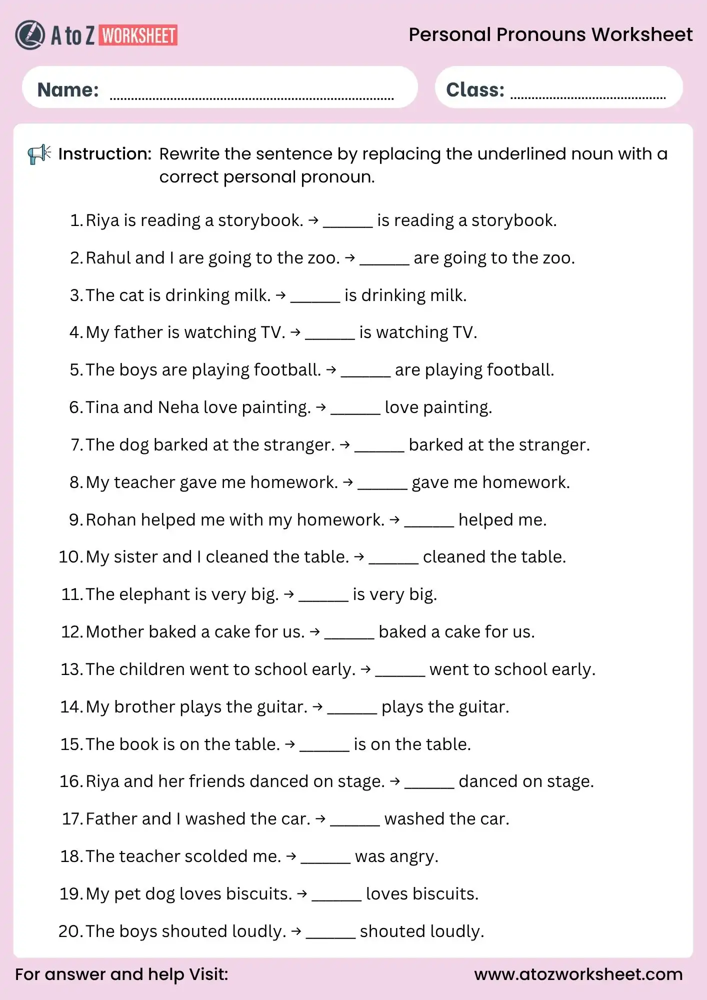 personal pronouns worksheets rewrite sentence grammar exercise