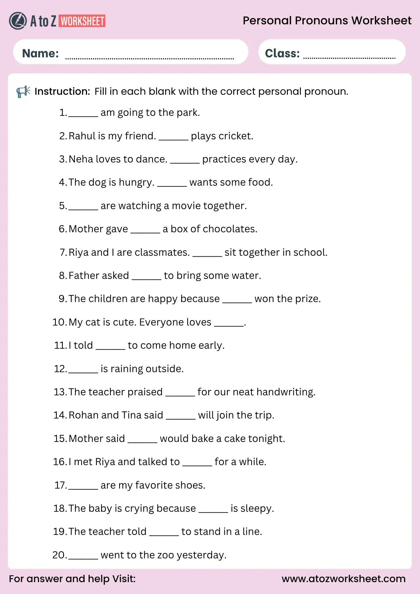 personal pronouns worksheets fill in the blank practice for kids