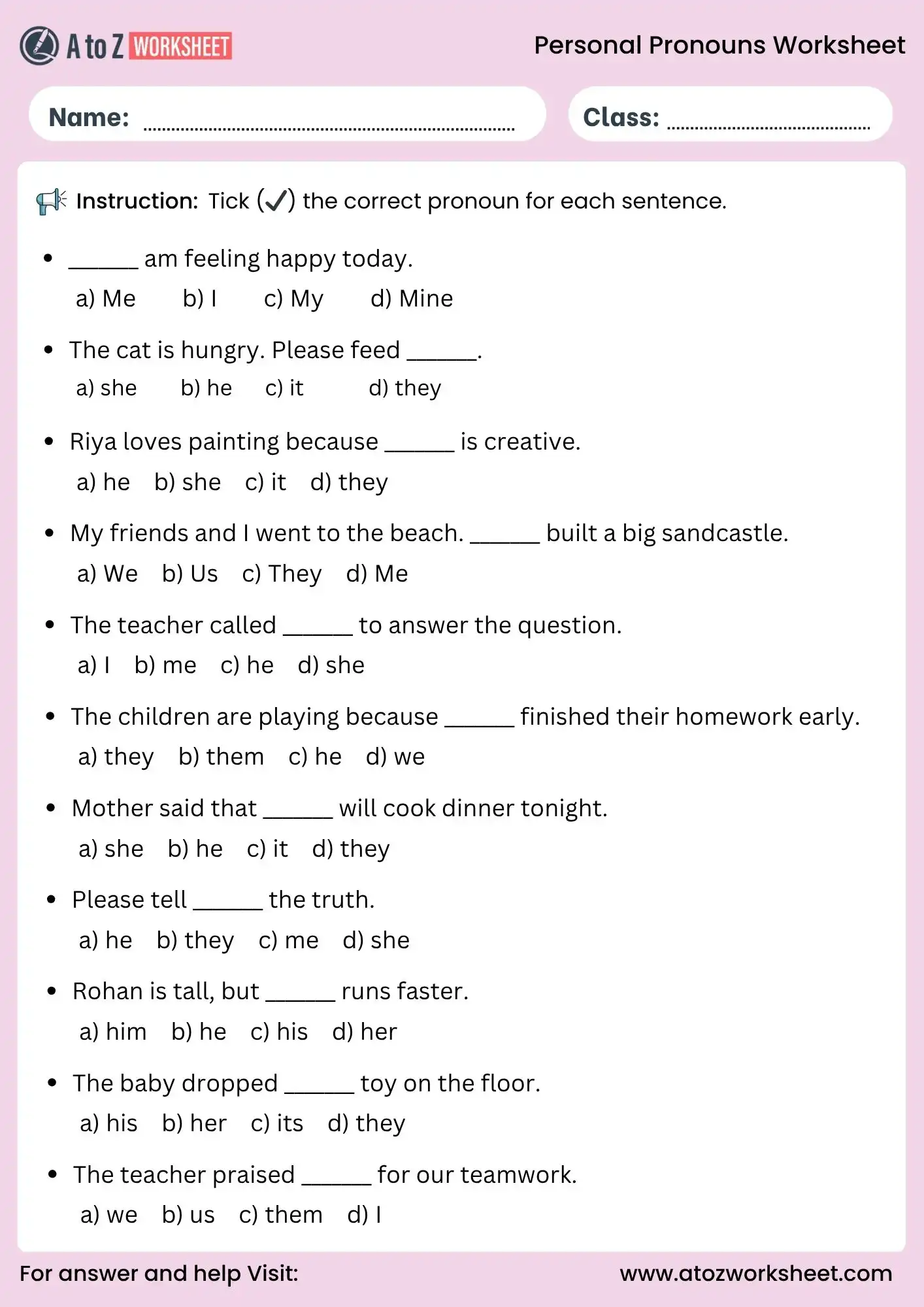 personal pronouns worksheets multiple choice grammar quiz for kids