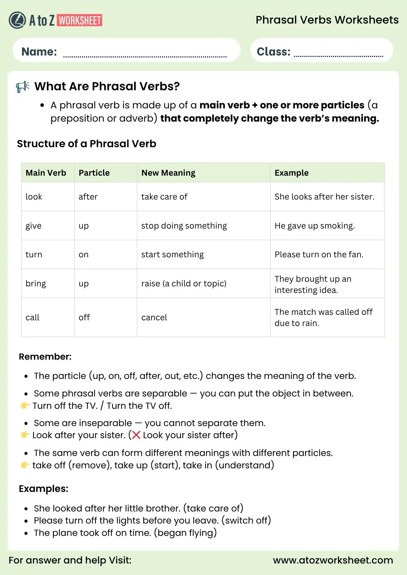 phrasal verbs worksheets definition and examples for grade 5 and 6