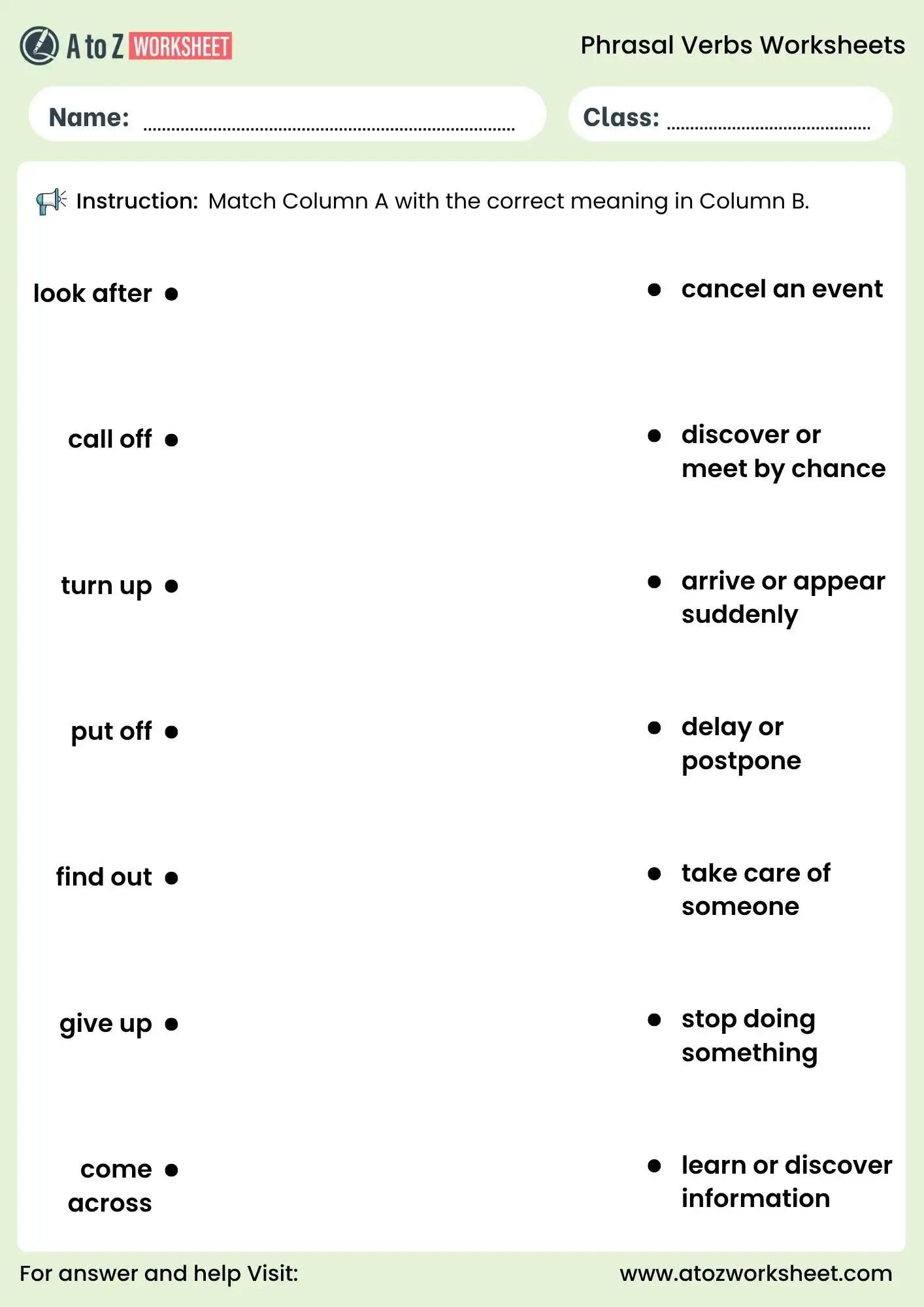 phrasal verbs worksheets matching activity for grade 4 and 5