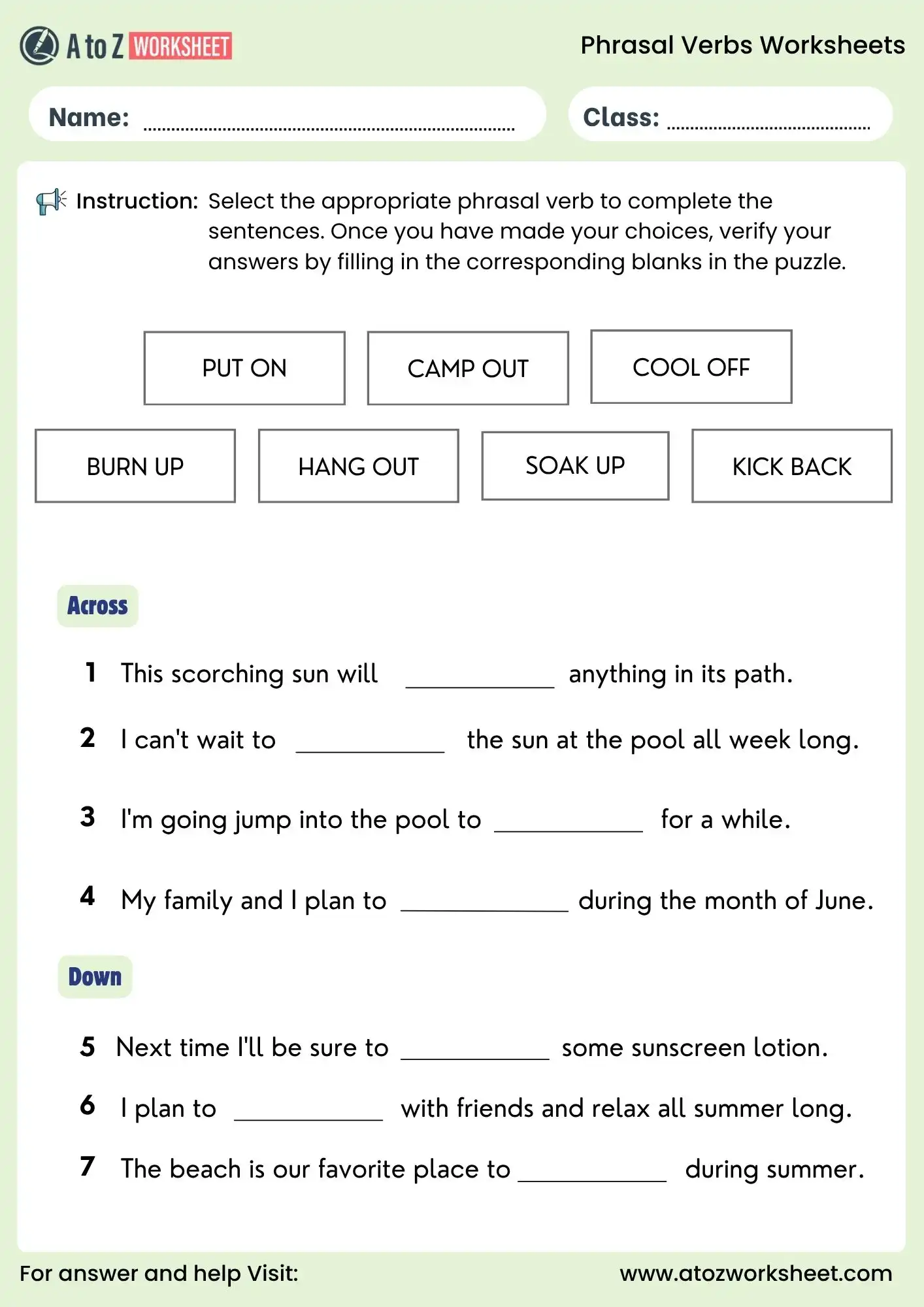 phrasal verbs worksheets summer crossword puzzle activity