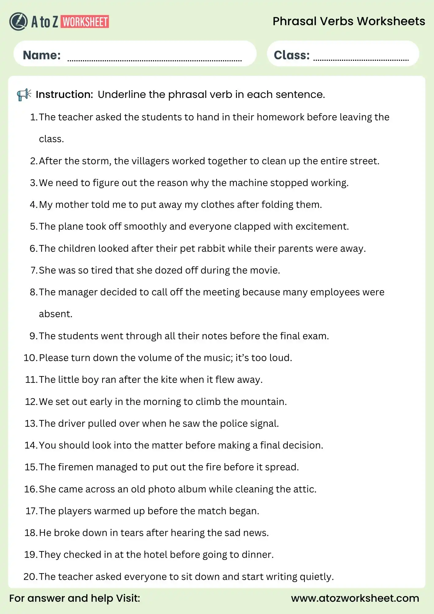 phrasal verbs worksheets underline verbs grammar practice