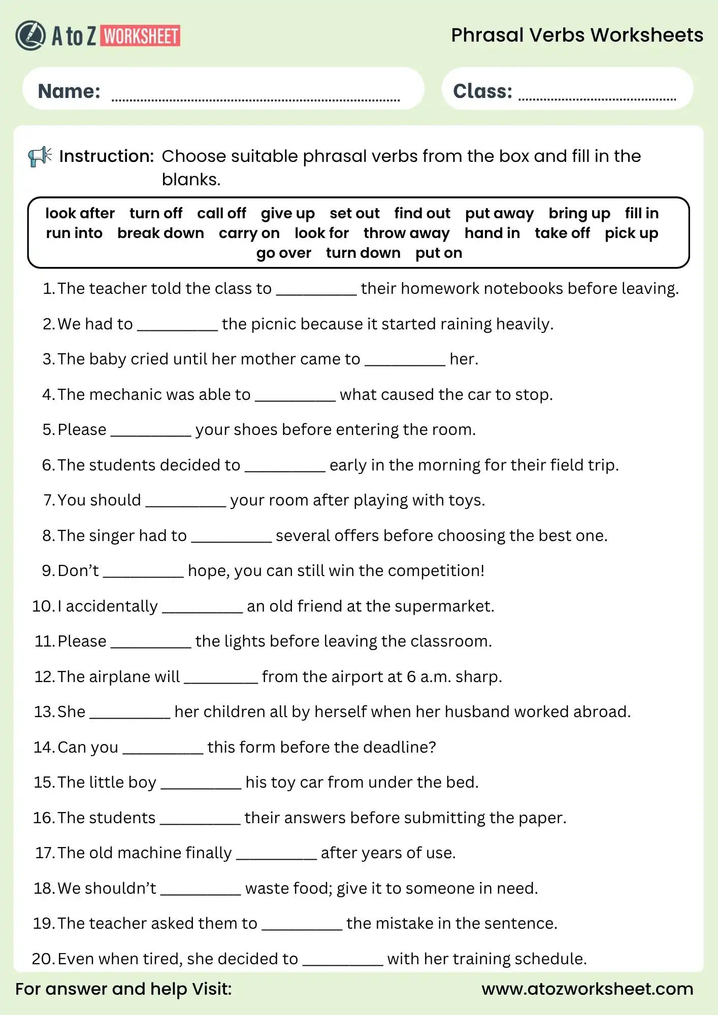 phrasal verbs worksheets fill in blanks grammar exercise