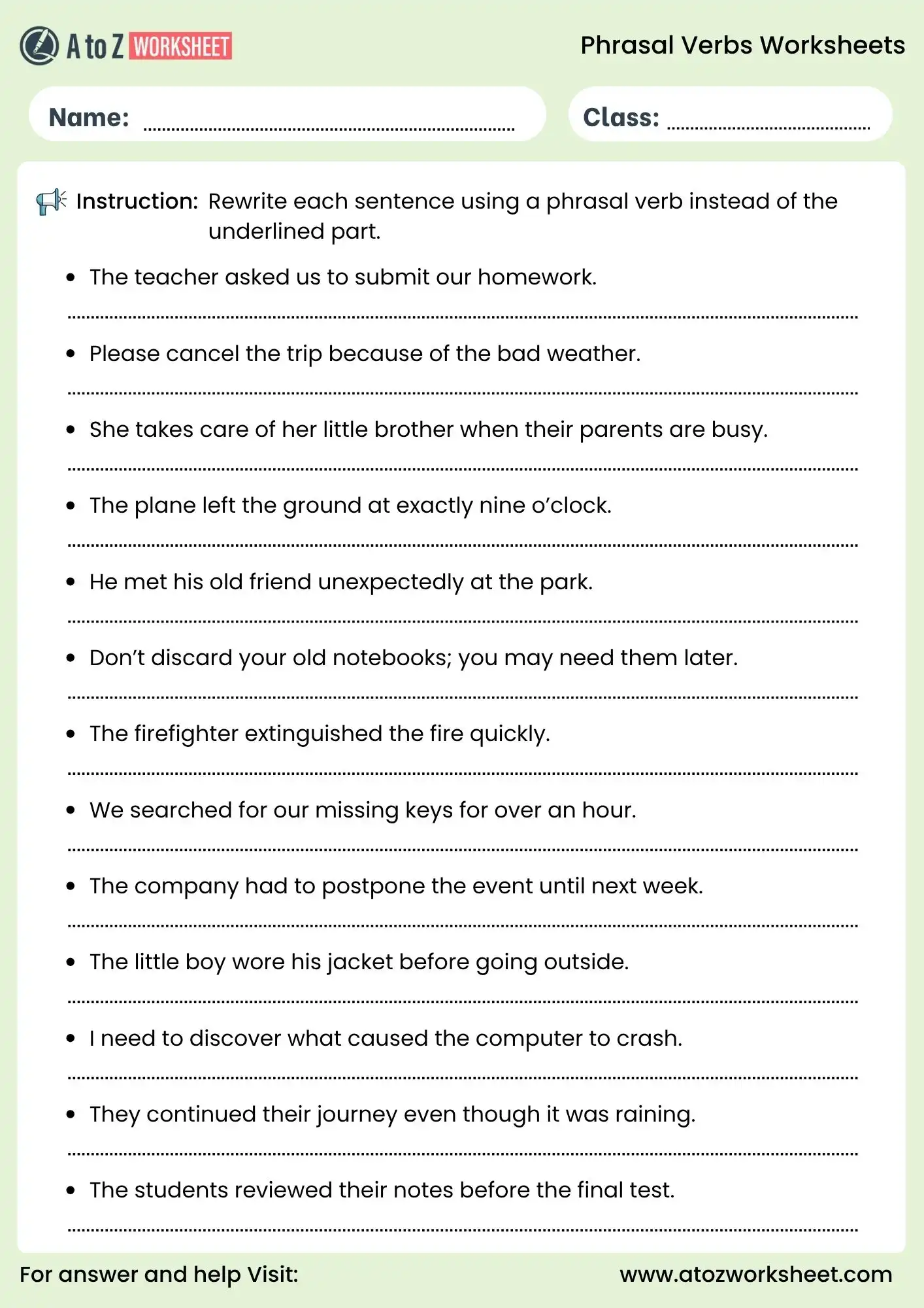 phrasal verbs worksheets rewrite sentences grammar activity