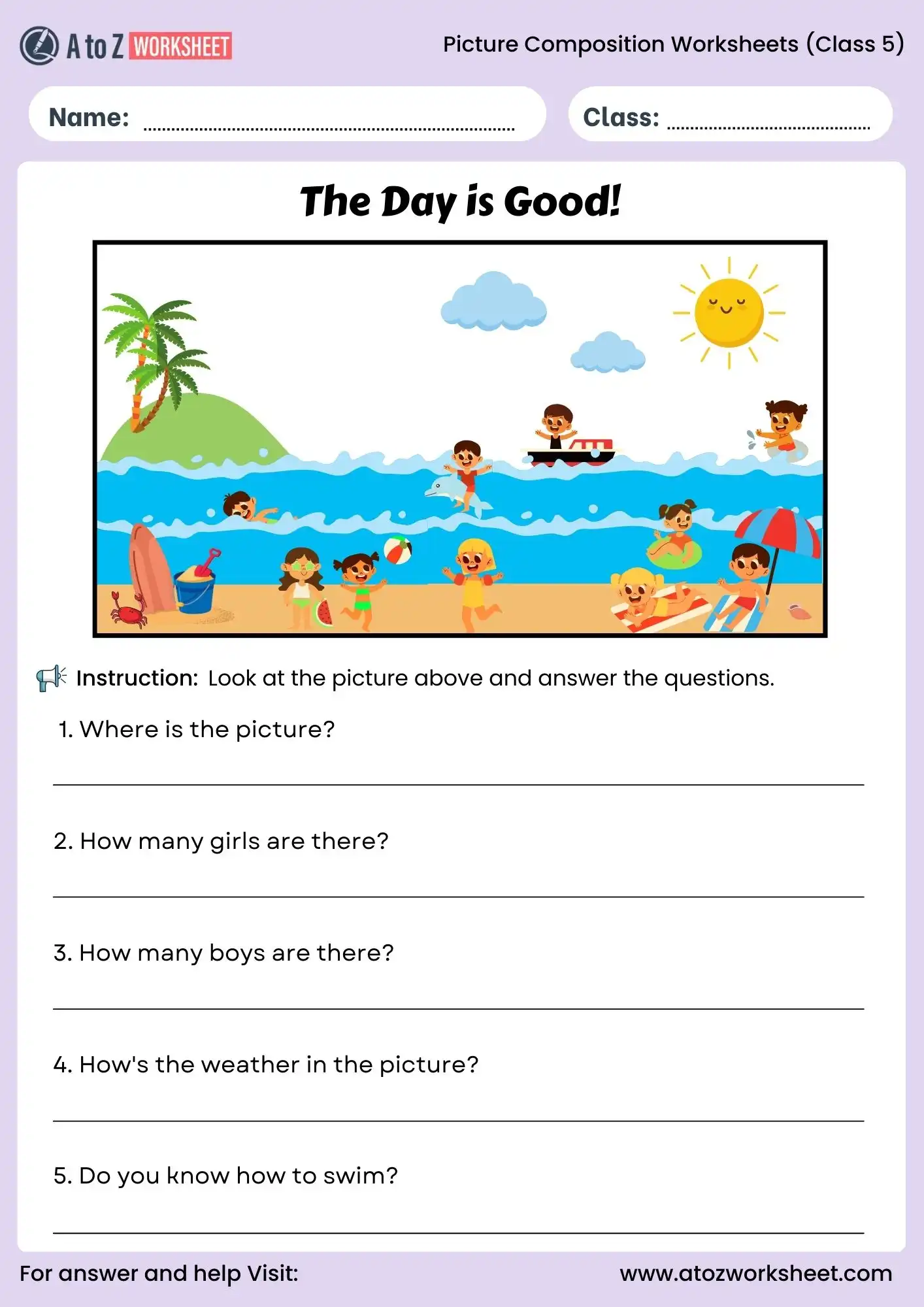picture composition worksheets for class 5 beach scene activity