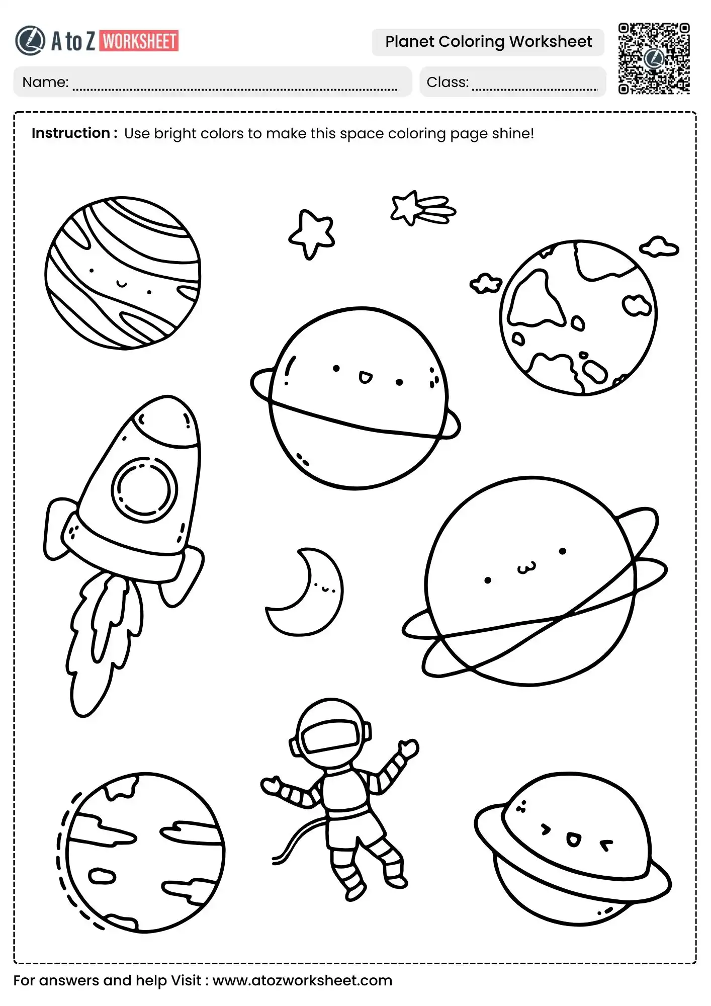creative space scene with cute characters for planet coloring worksheets