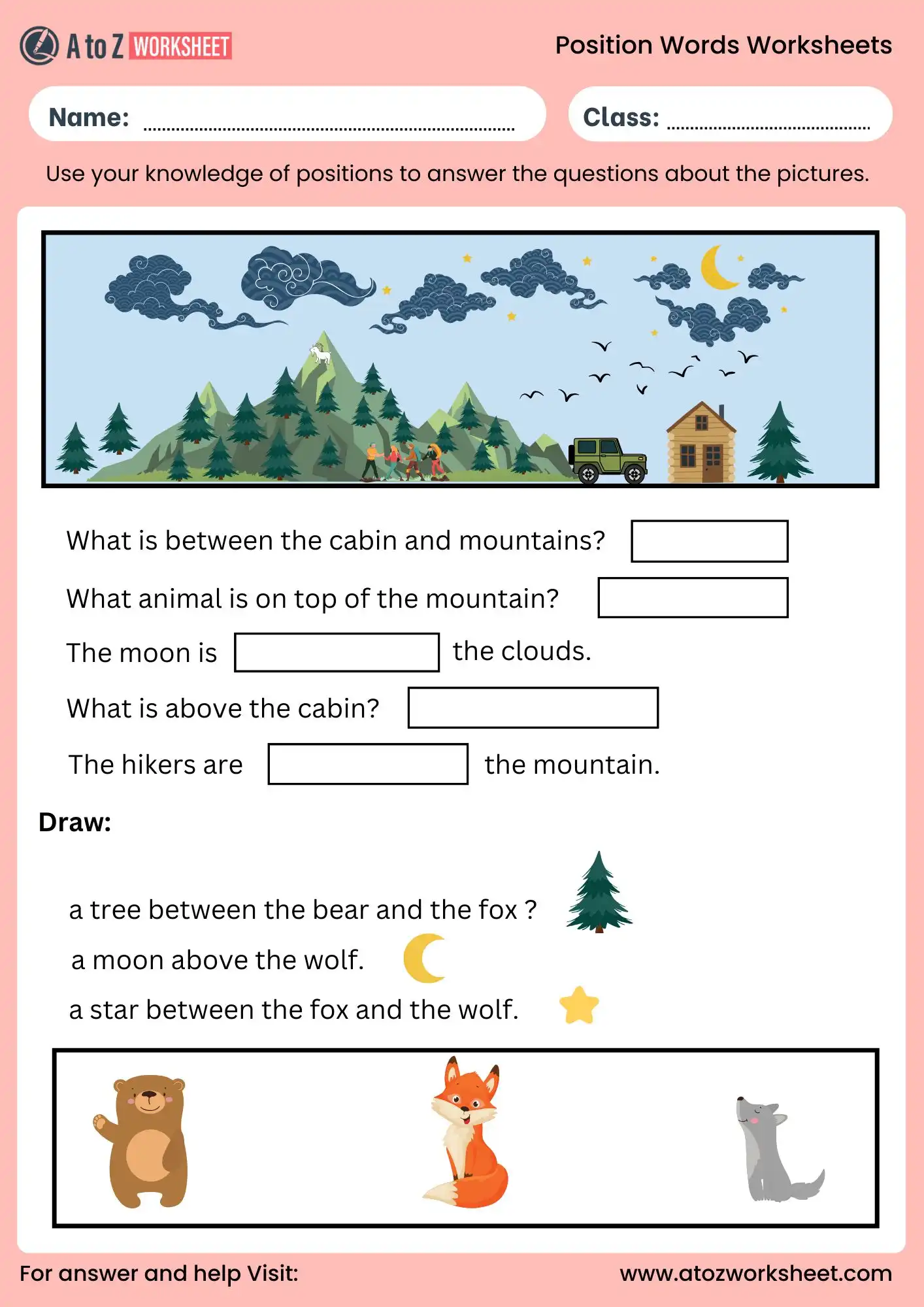 position words worksheets with answers for class 1 and class 2 practice