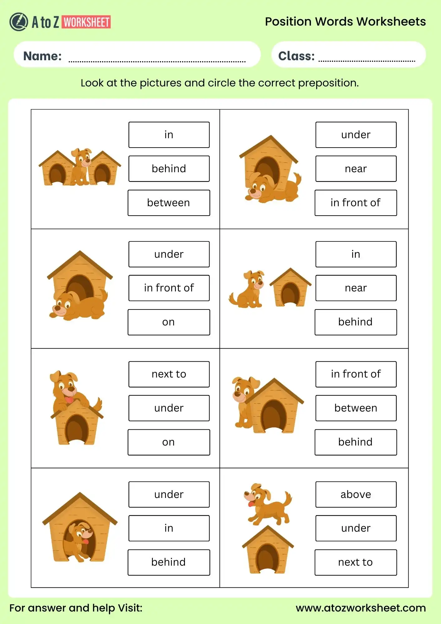 position words worksheet for class 1 with free pdf and answers
