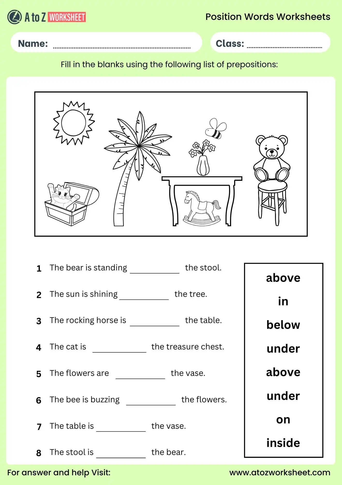 position words worksheet for class 1 with fill in the blanks activity