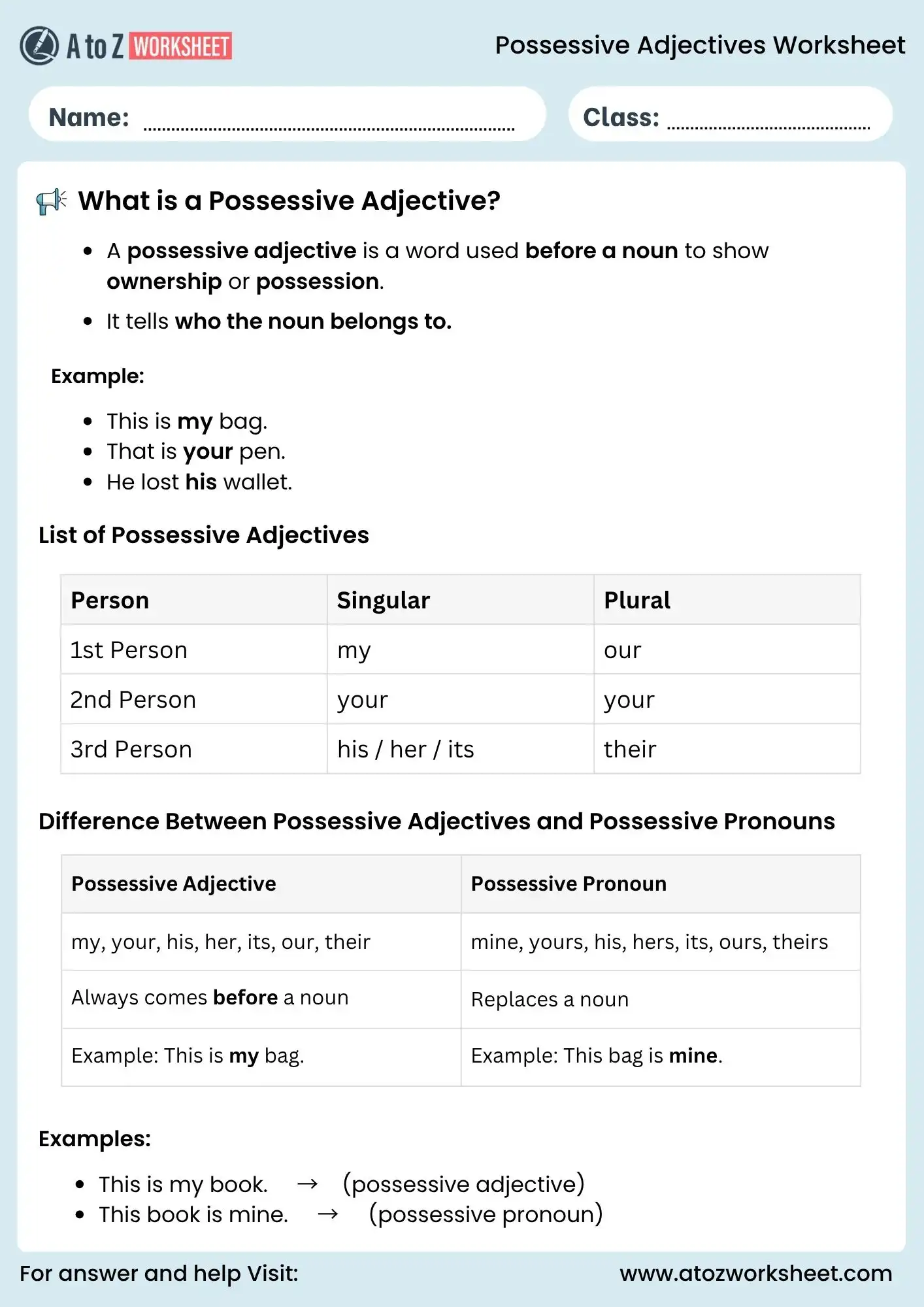 possessive adjectives worksheets grammar explanation for kids