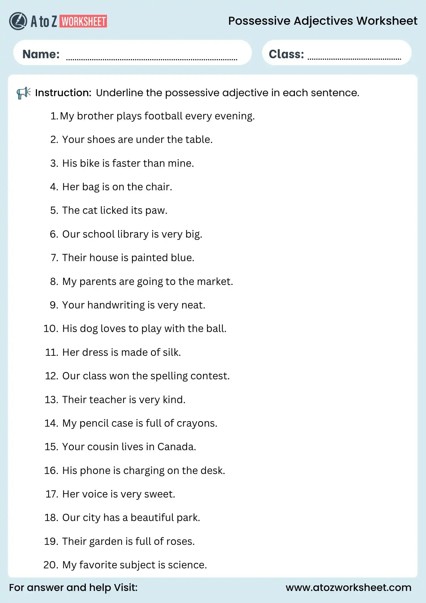 possessive adjectives worksheets underline activity for grade 2 to grade 5