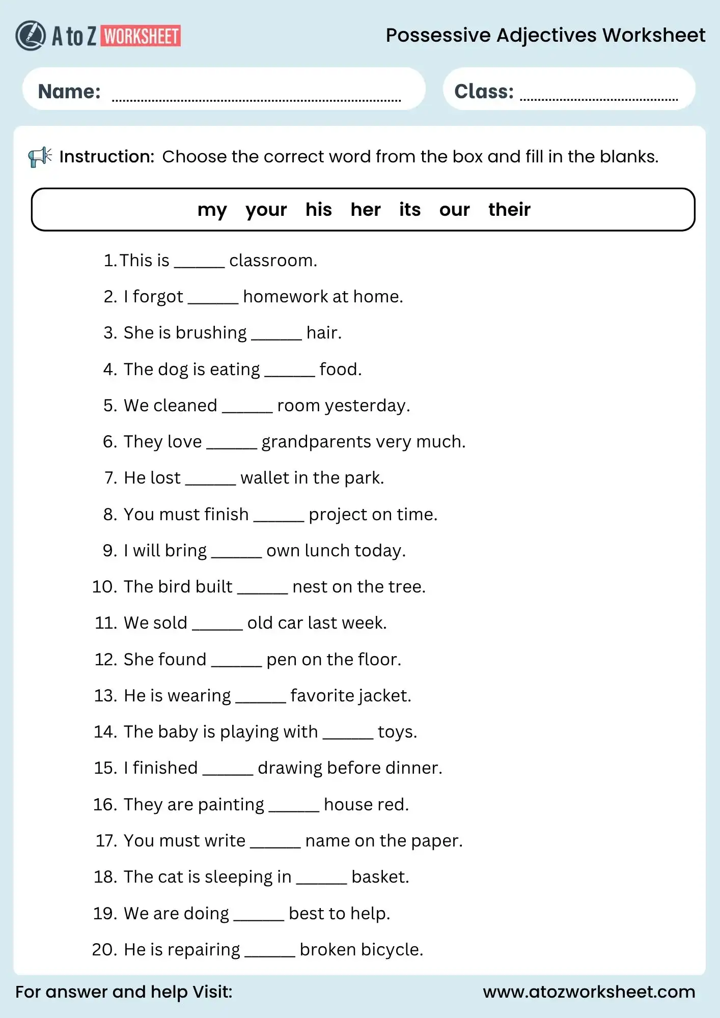 possessive adjectives worksheets fill in the blanks for students
