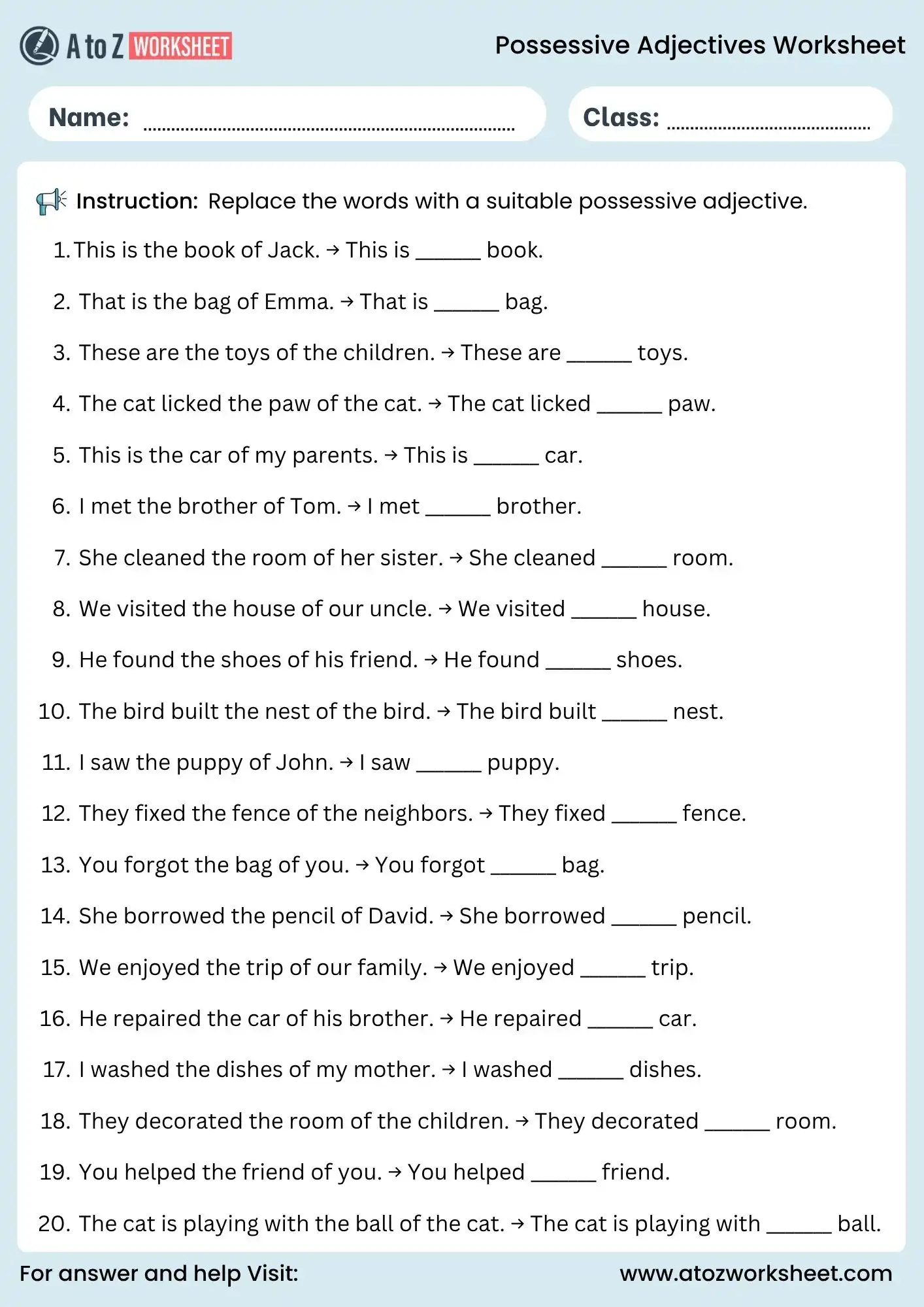 possessive adjectives worksheets replace words with adjectives exercise