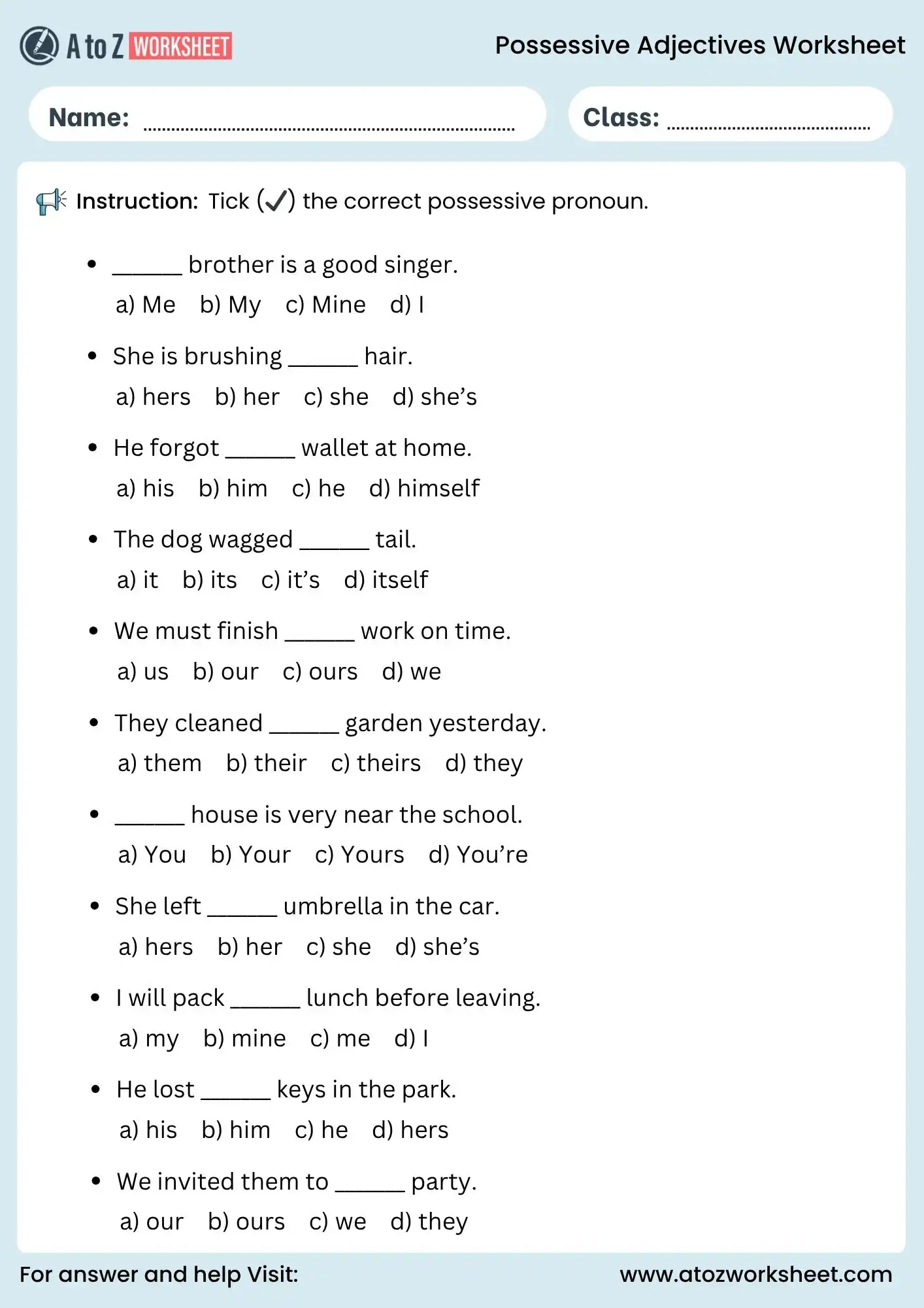 possessive adjectives worksheets multiple choice grammar quiz