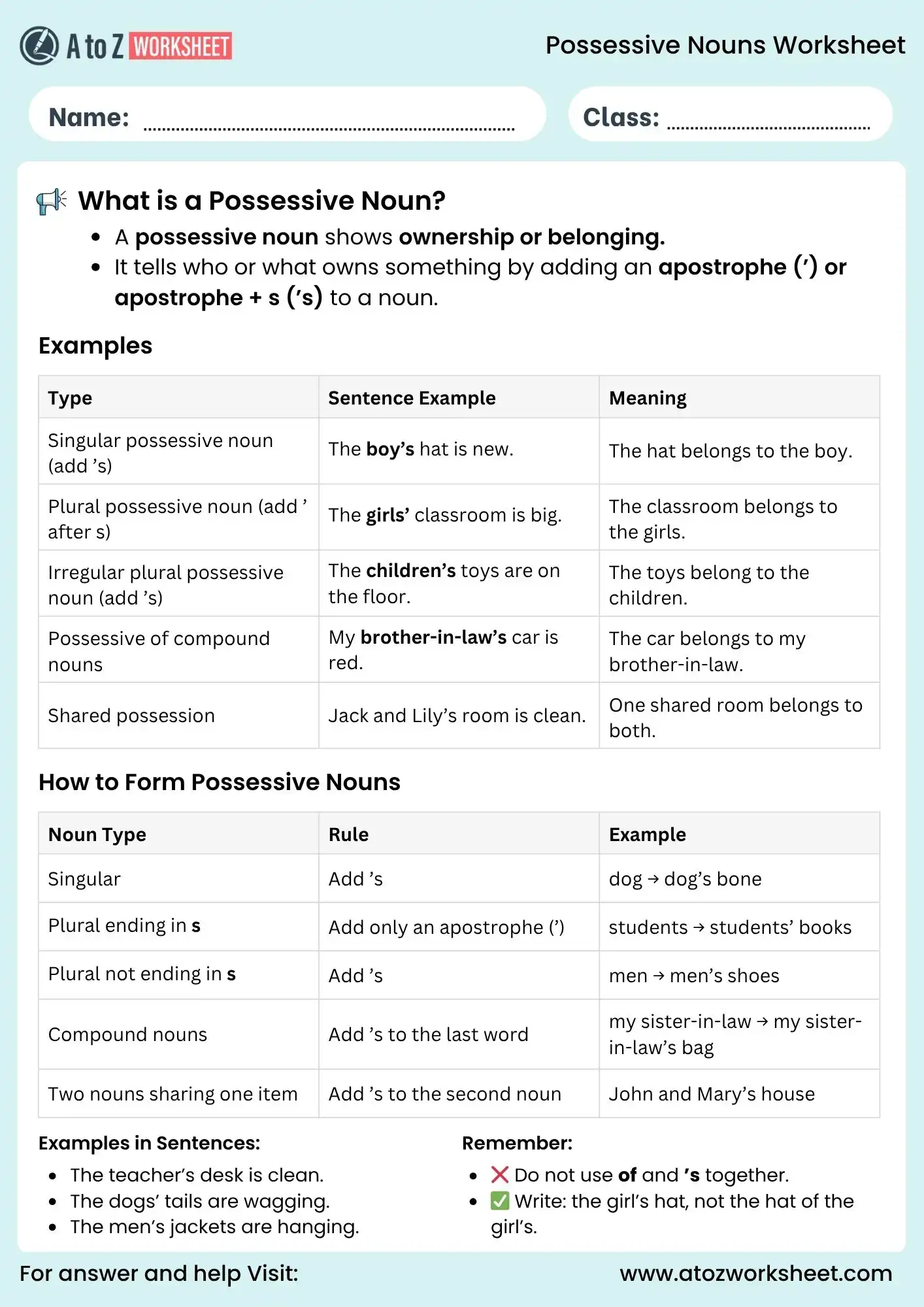 possessive nouns worksheets grammar explanation for grade 3 to grade 6