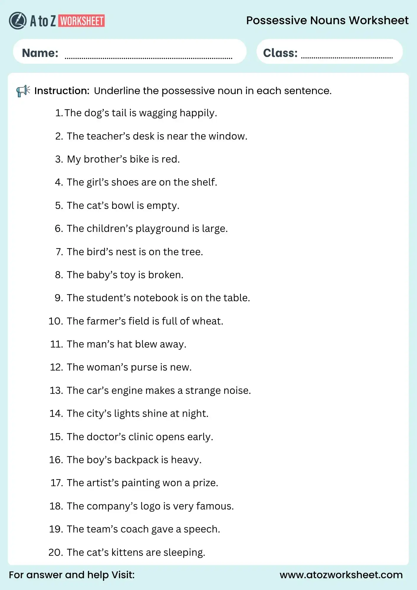 possessive nouns worksheets underline activity for grade 3