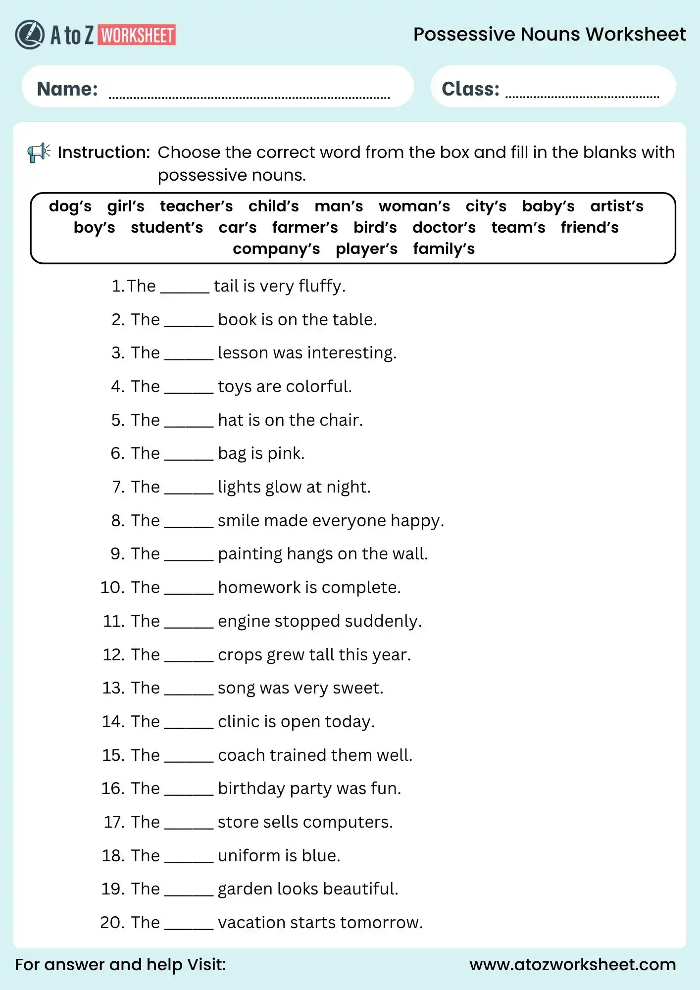 possessive nouns worksheets fill in the blanks activity for grammar practice