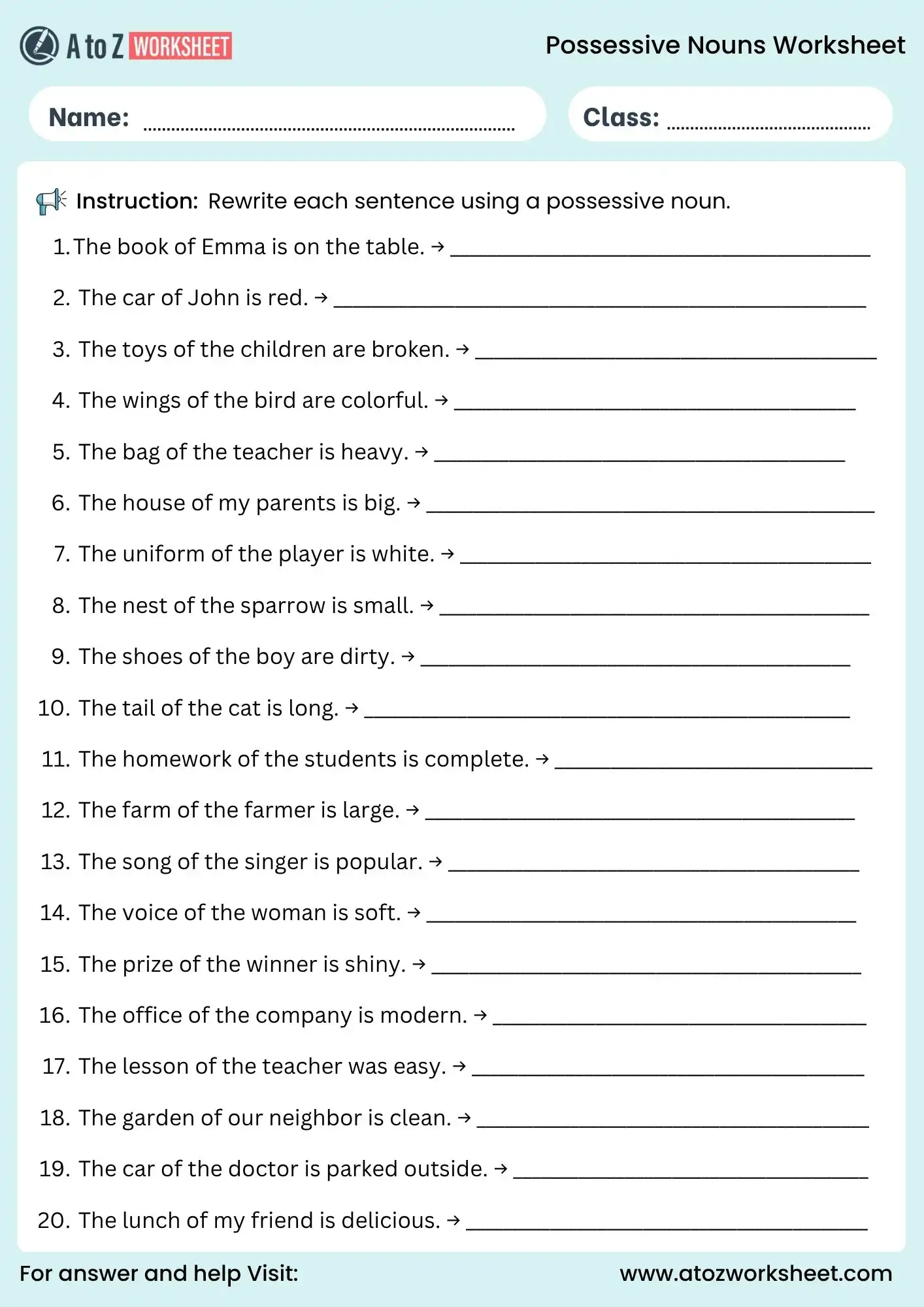 possessive nouns worksheets rewrite sentences using possessive form