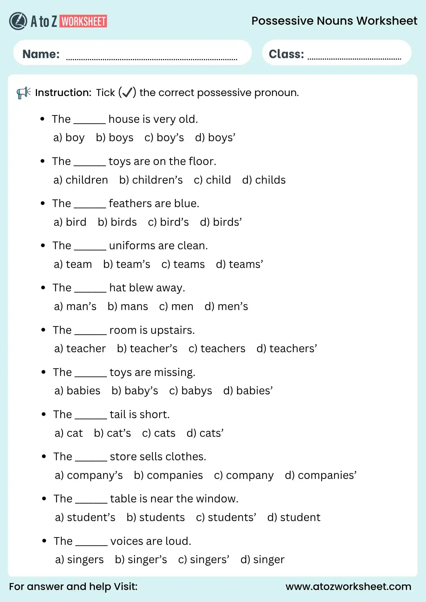 possessive nouns worksheets multiple choice grammar quiz