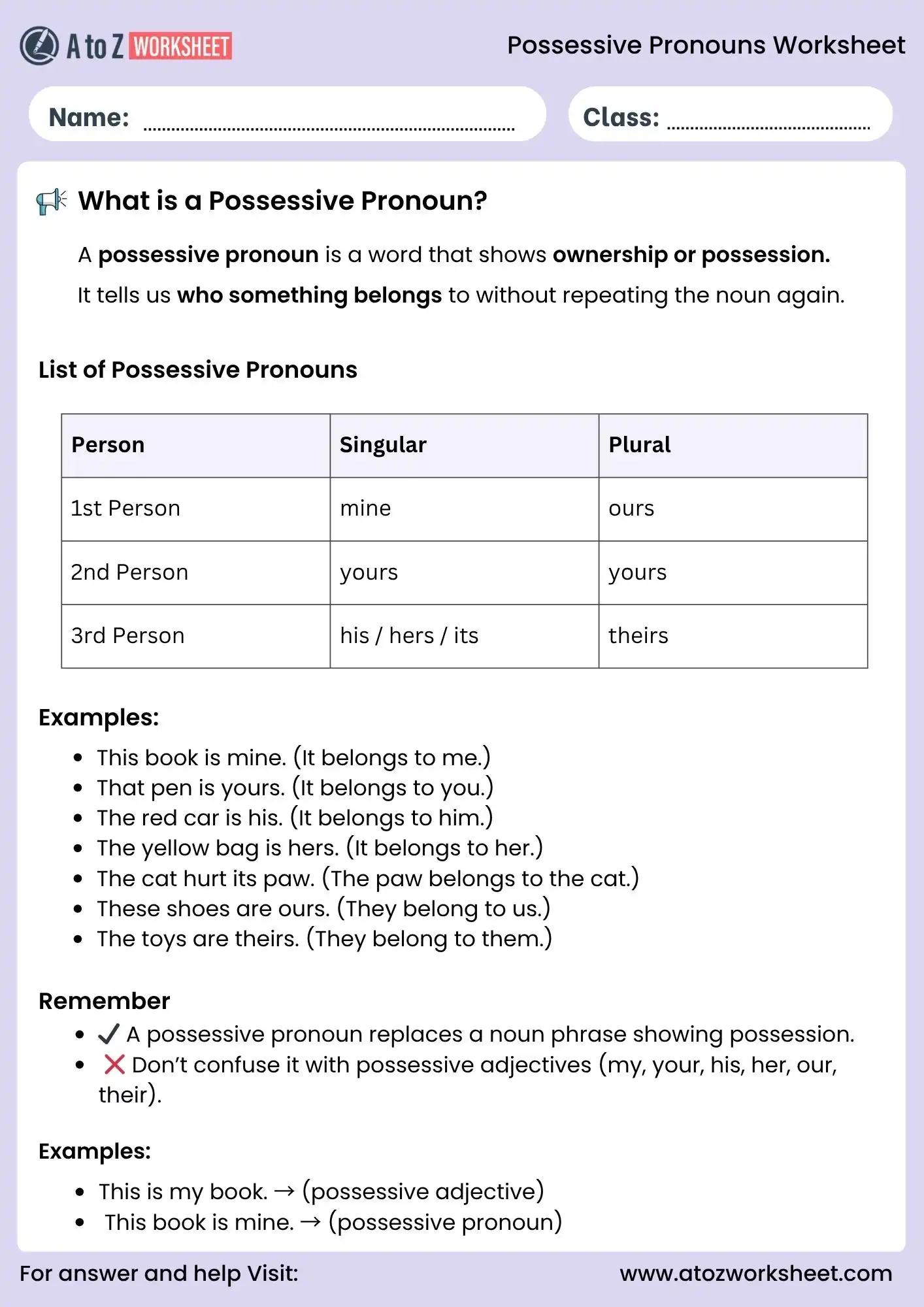 possessive pronouns worksheets grammar explanation for kids