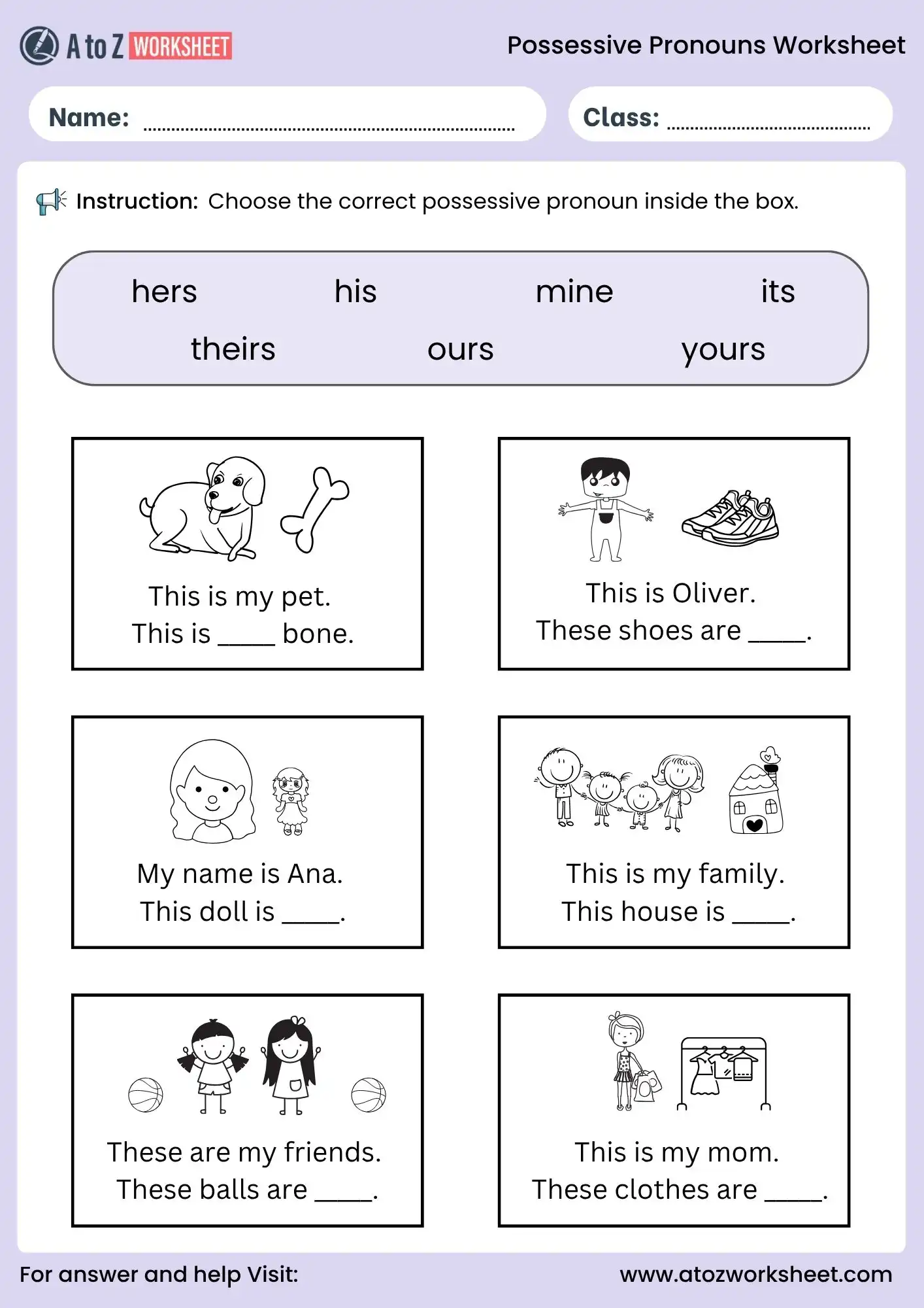 possessive pronouns worksheets fill in the blanks for class 2 to class 5