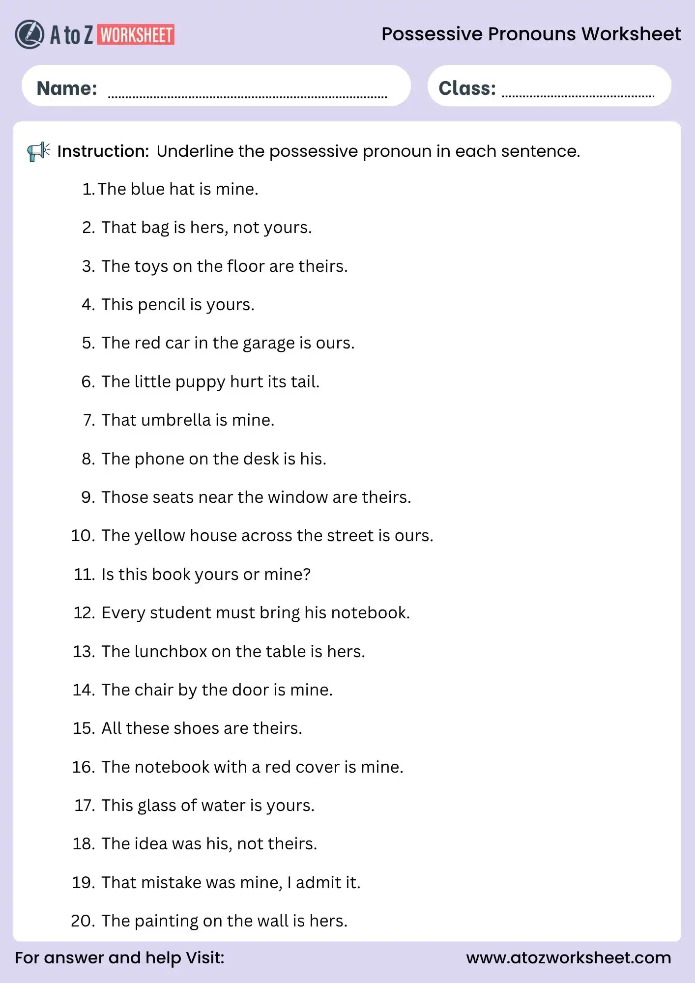 possessive pronouns worksheets underline activity printable