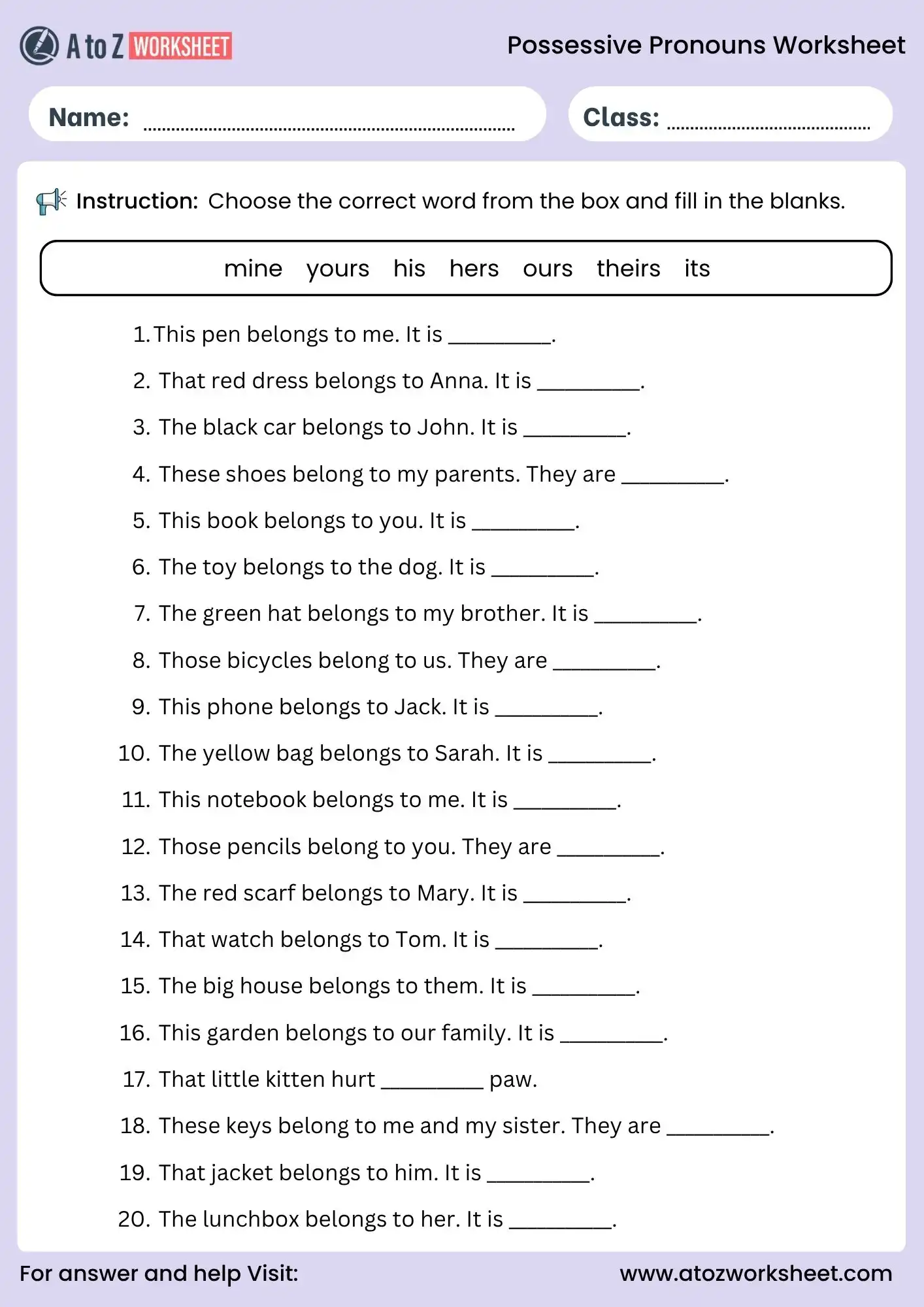 possessive pronouns worksheets fill blanks grammar practice for students