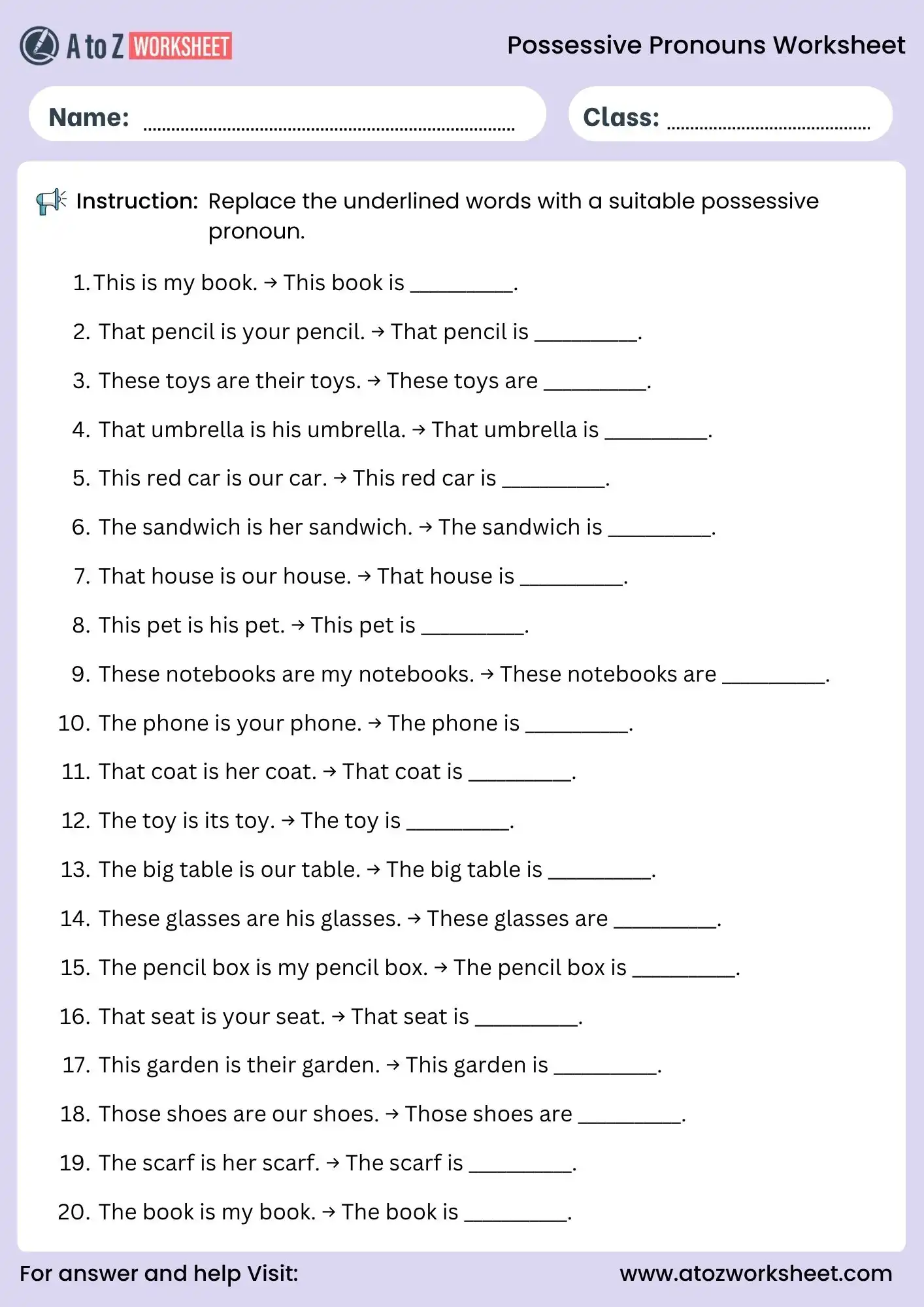 possessive pronouns worksheets replace underlined words activity