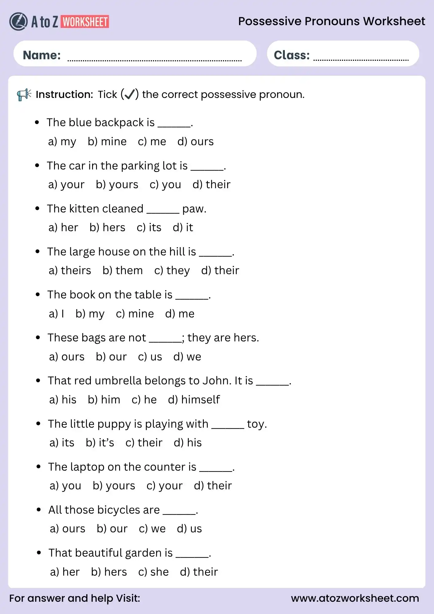 possessive pronouns worksheets multiple choice grammar quiz for kids