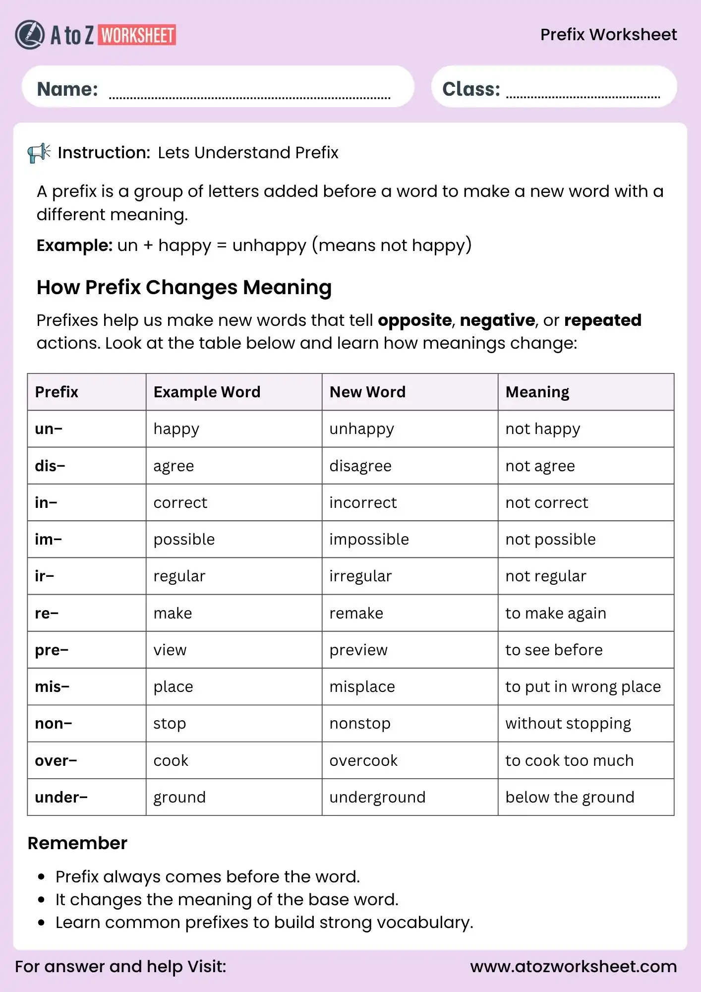 prefix worksheets for grade 1 to grade 5 vocabulary table