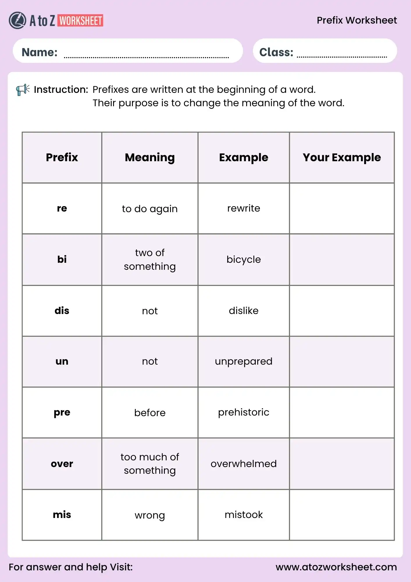 prefix worksheets for grade 1 to grade 5 vocabulary table