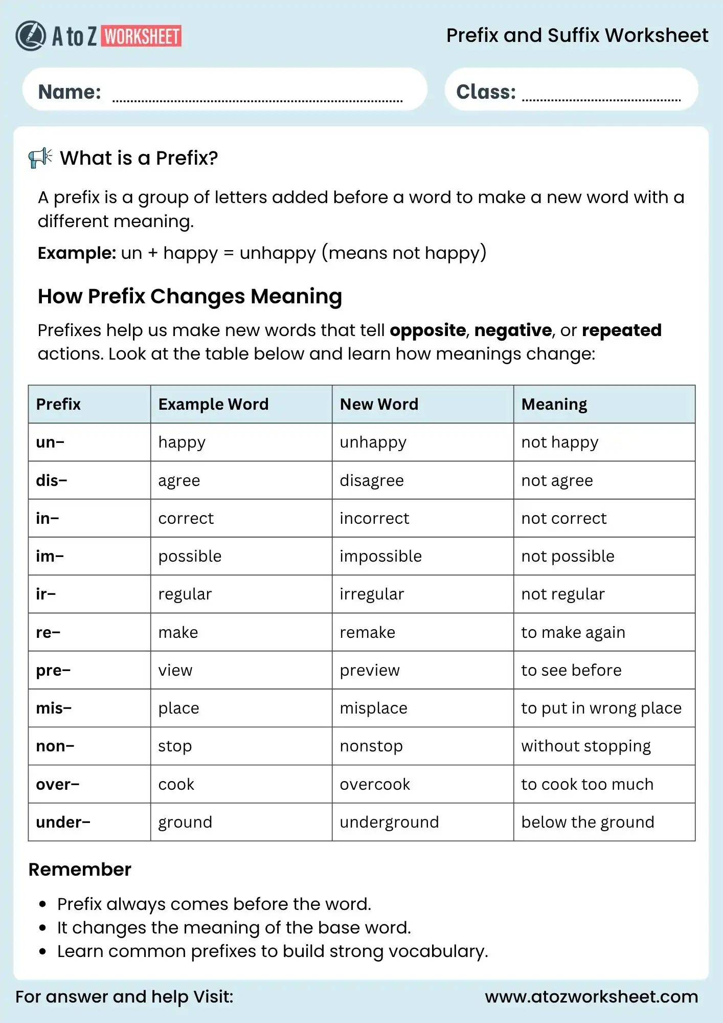 prefixes and suffixes worksheets for grade 2 to 6 chart explanation