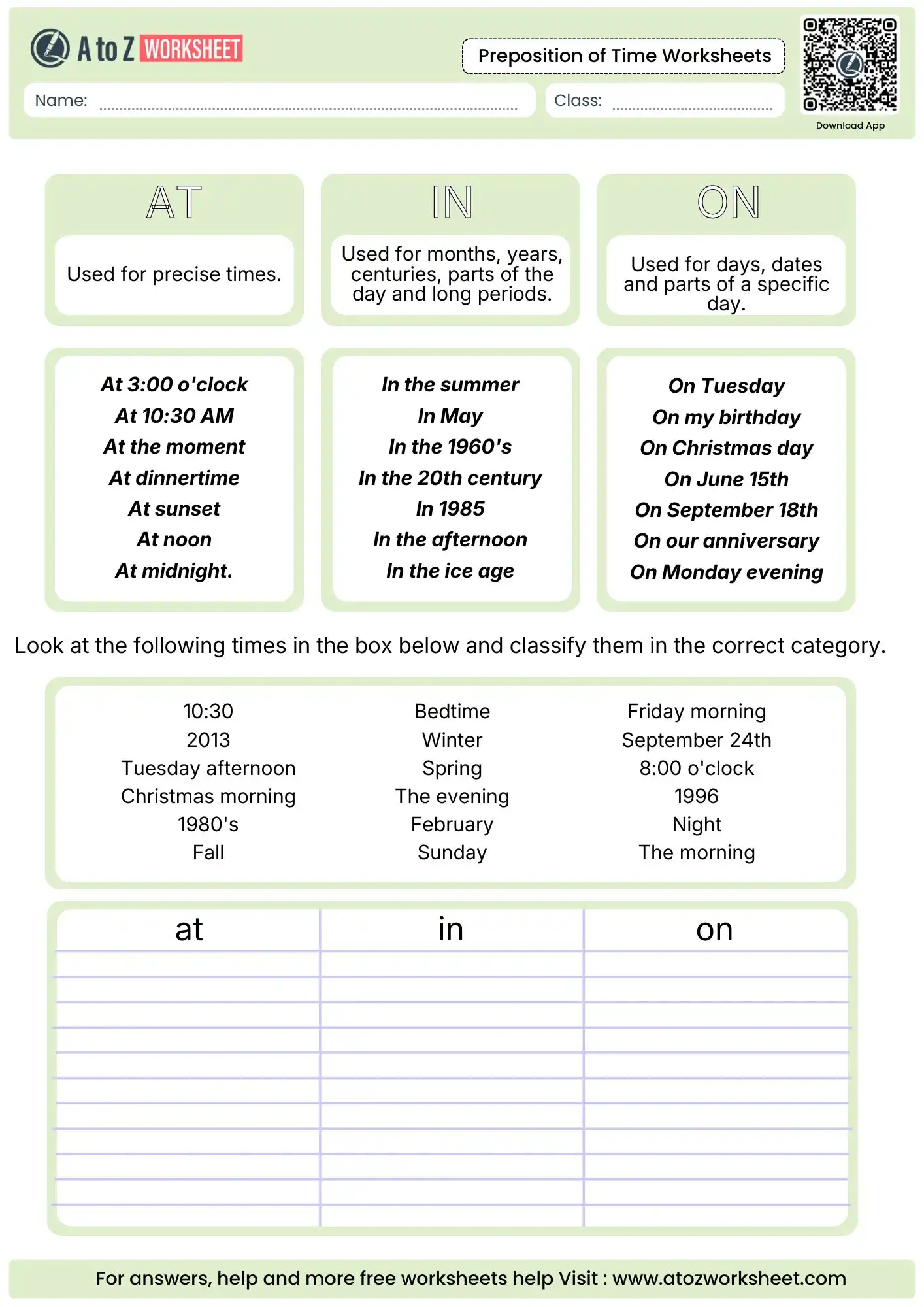 classification table for at in and on in preposition of time worksheets.