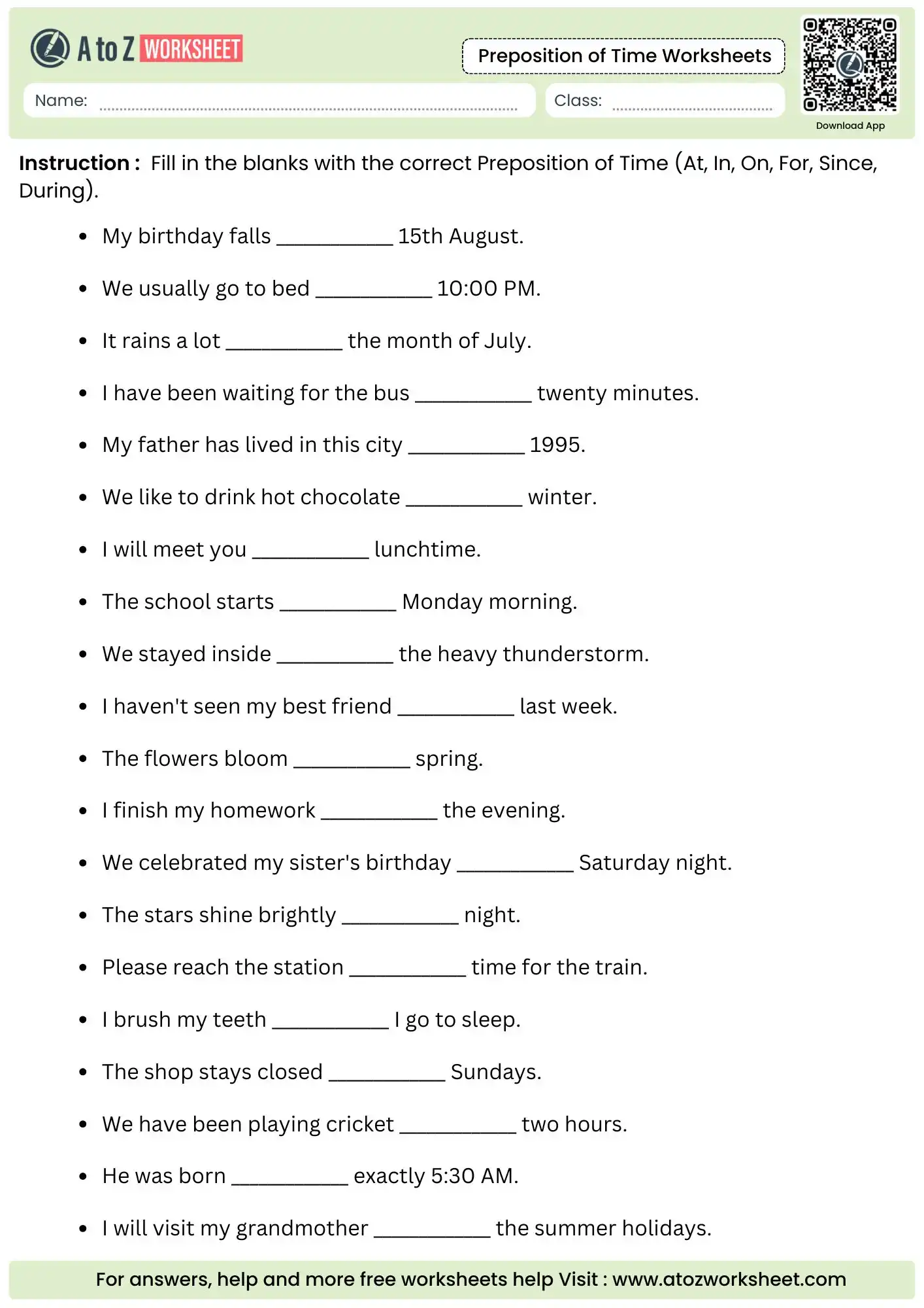fill in the blanks practice for at in on for since in preposition of time worksheets.